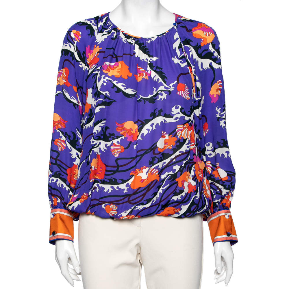 Emilio Pucci Archivio Blue Printed Silk Bishop Sleeves Top M