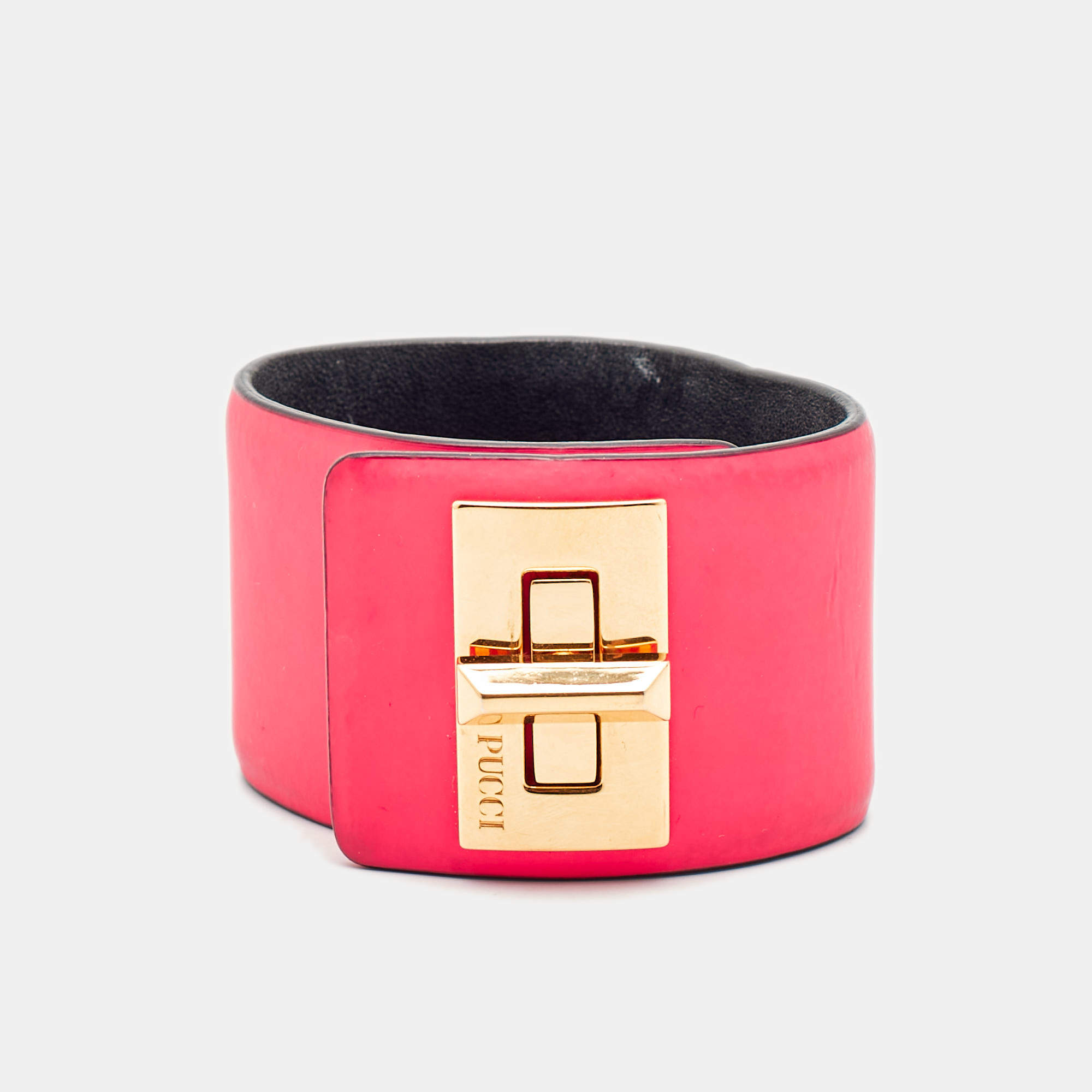 Pre Owned Emilio Pucci Neon Pink Leather Turnlock Wrap Bracelet S