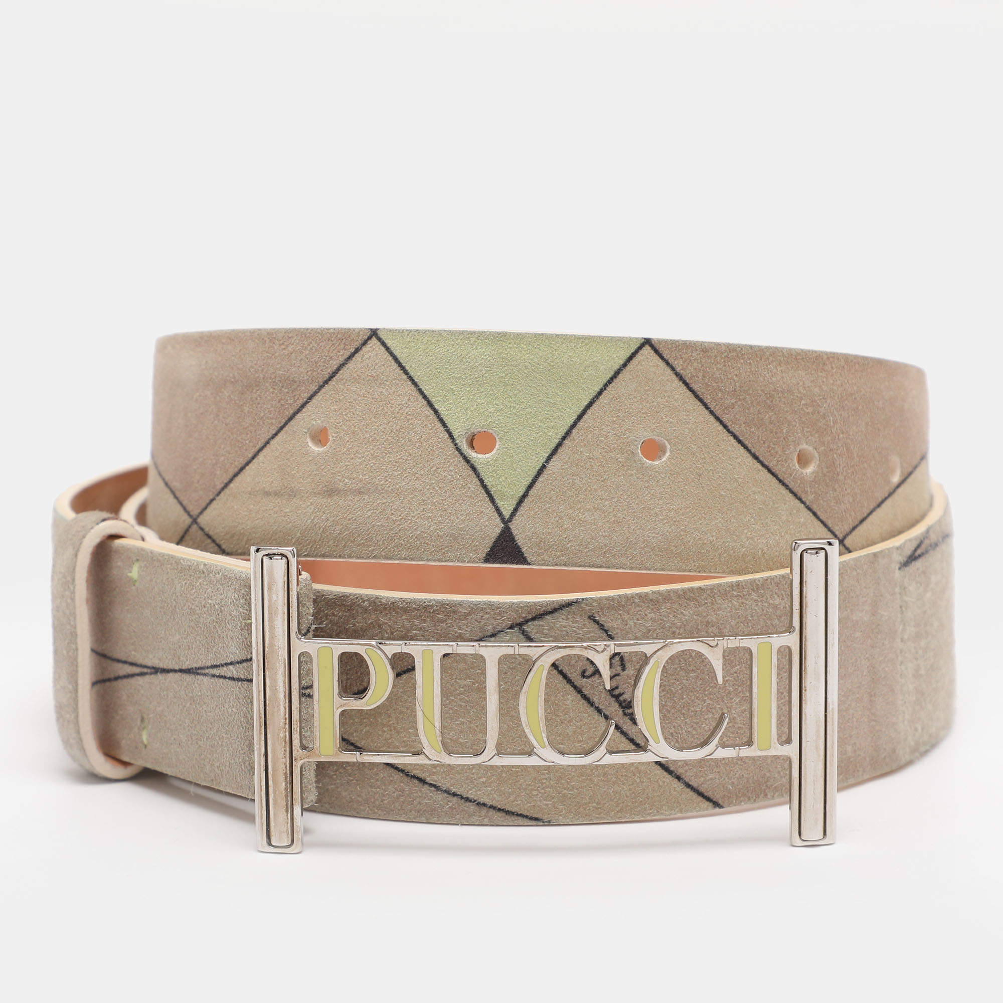 Pre Owned Emilio Green/Khaki Suede Logo Buckle Belt 85CM