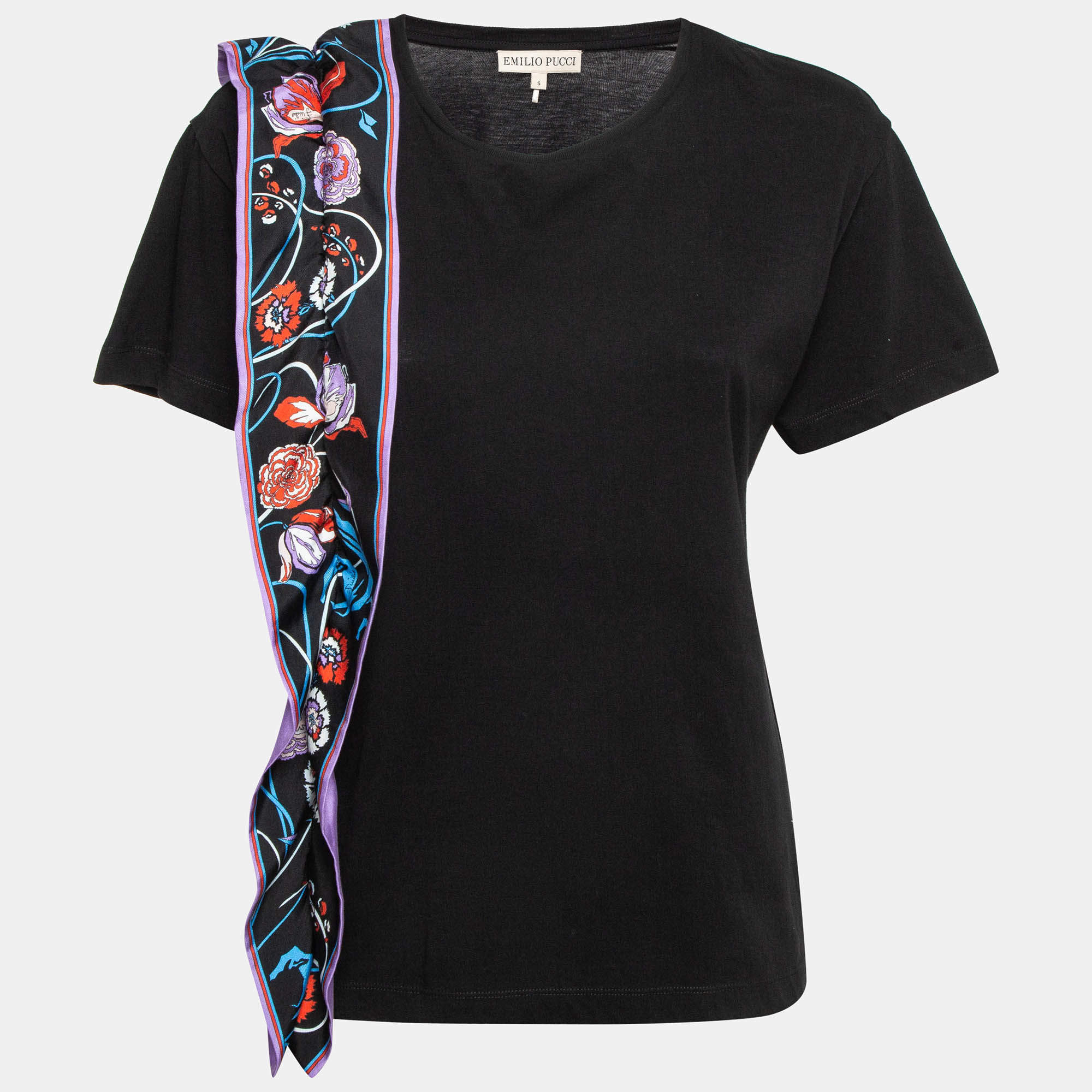 Emilio Pucci Black Floral Print Silk Frill Jersey T-Shirt S