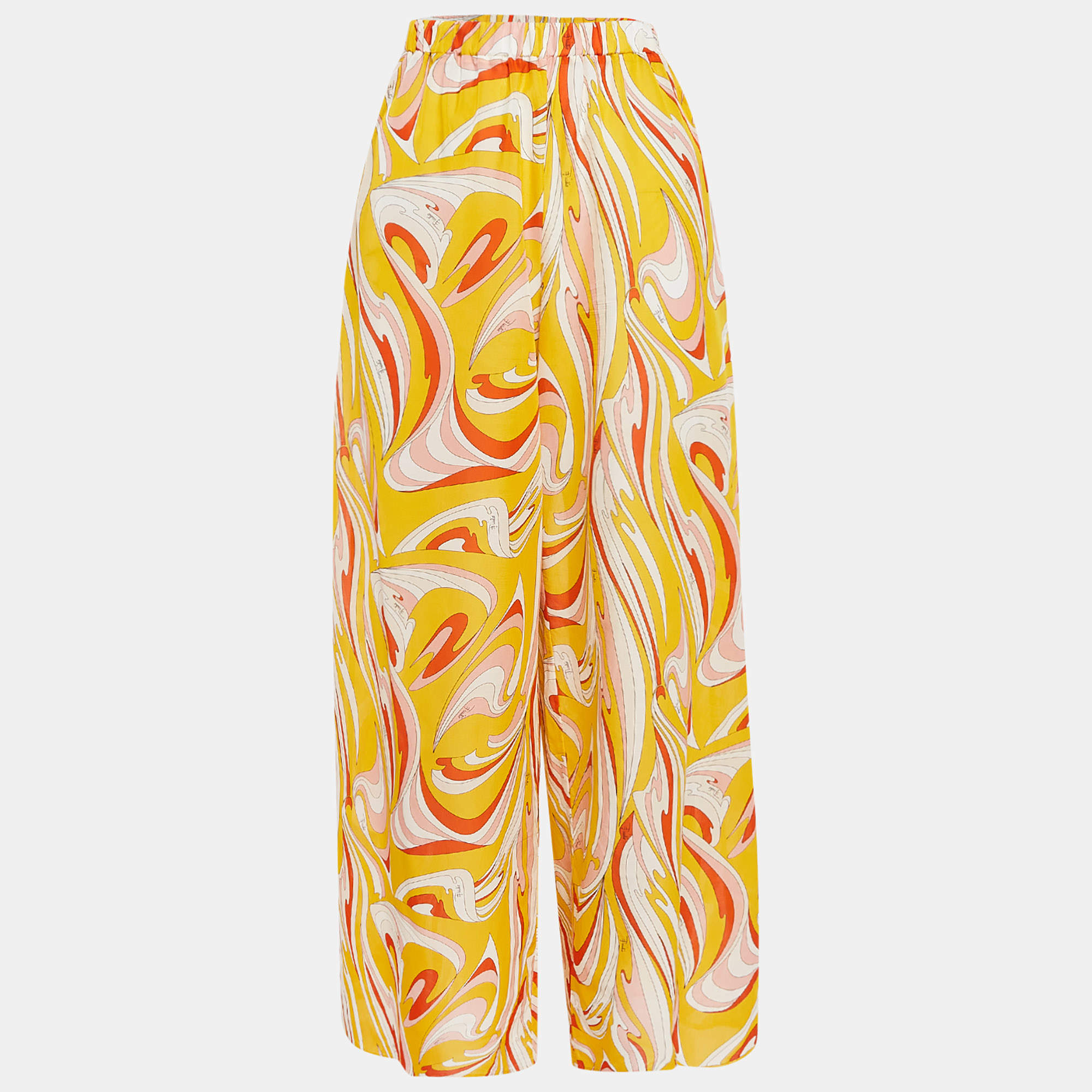Emilio Pucci Yellow Fluilio Print Cotton Blend Wide Leg Trousers L