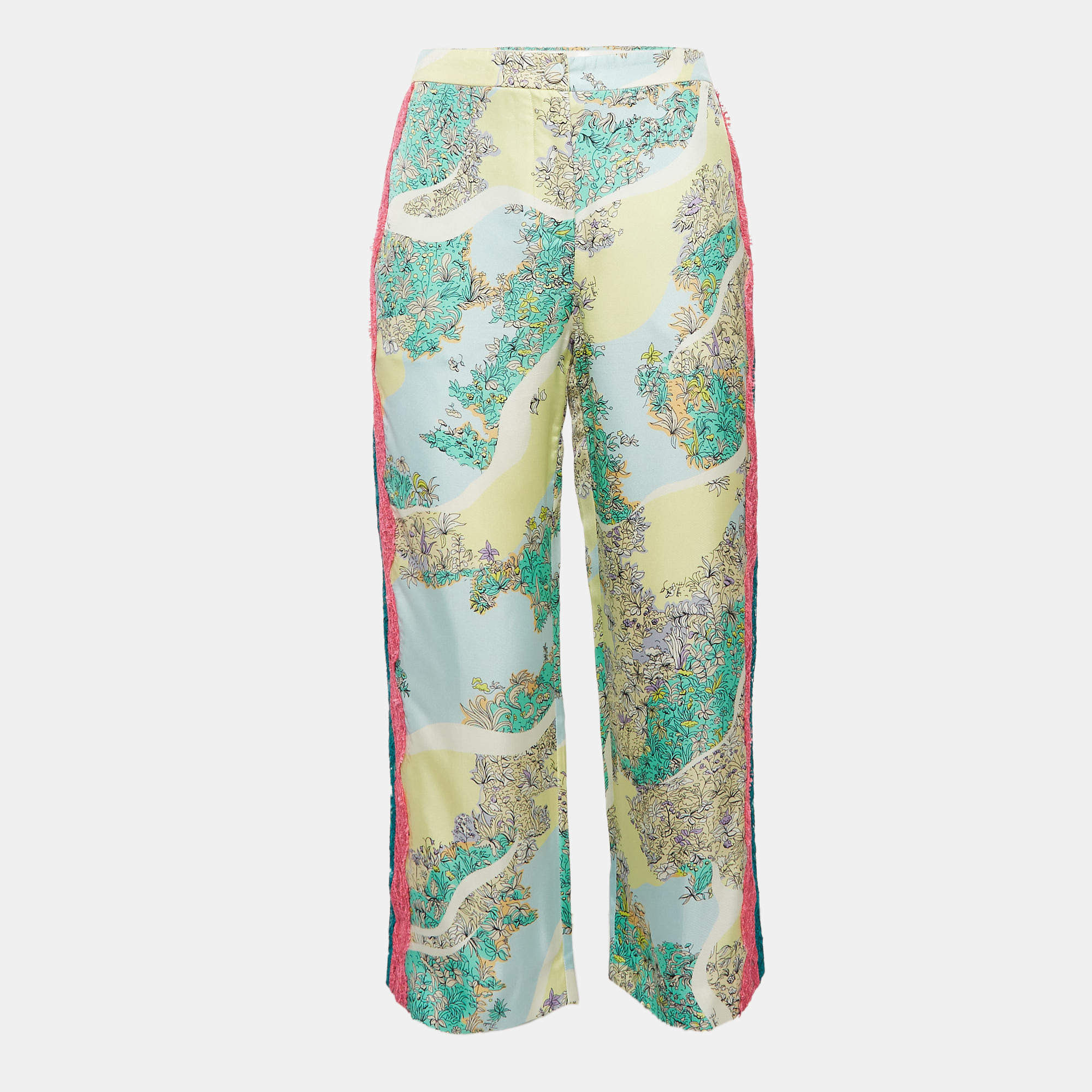 Emilio Pucci Multicolor Printed Satin Lace Trim Trousers S