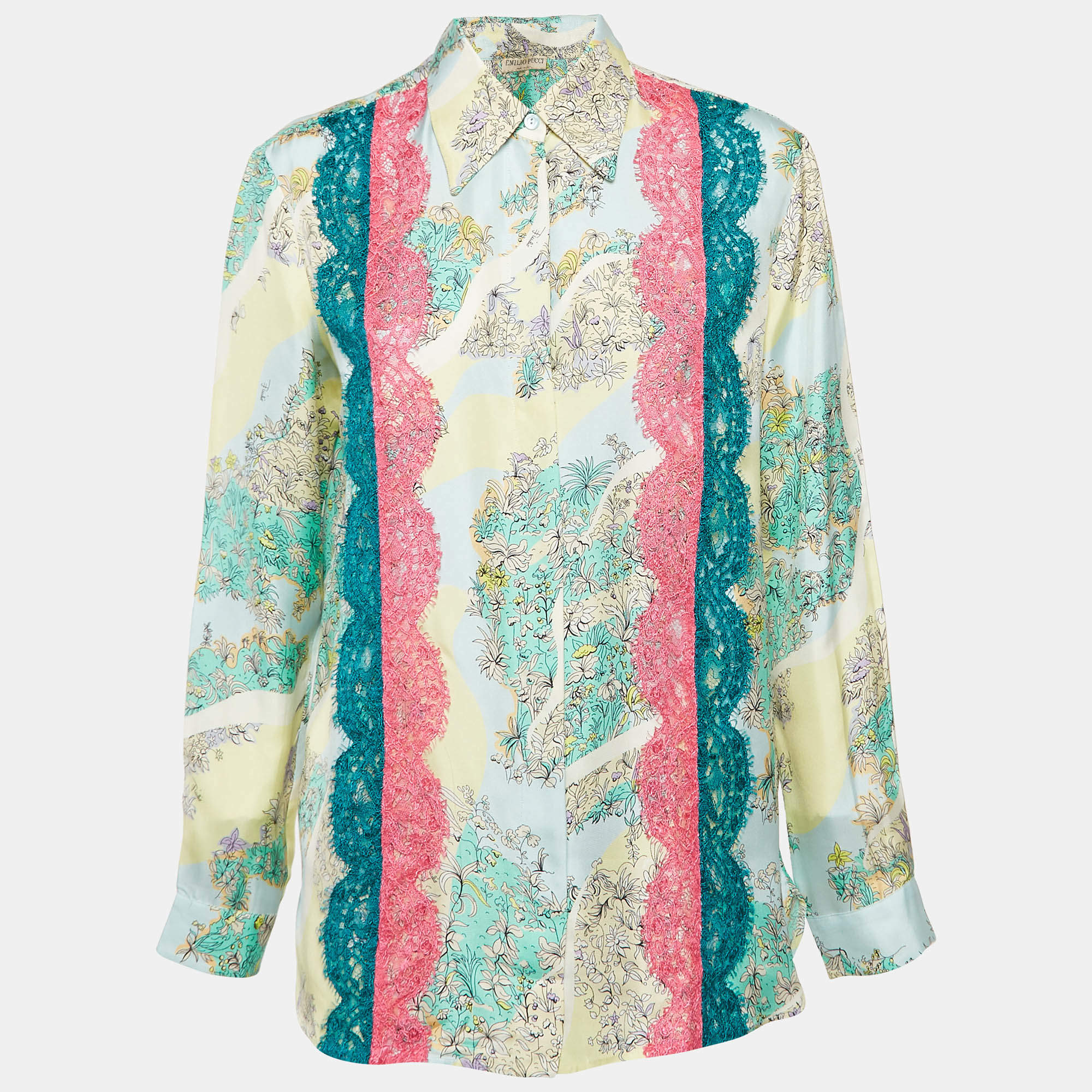 Pre Owned Emilio Pucci Multicolor Floral Print Silk Lace Trim Shirt S