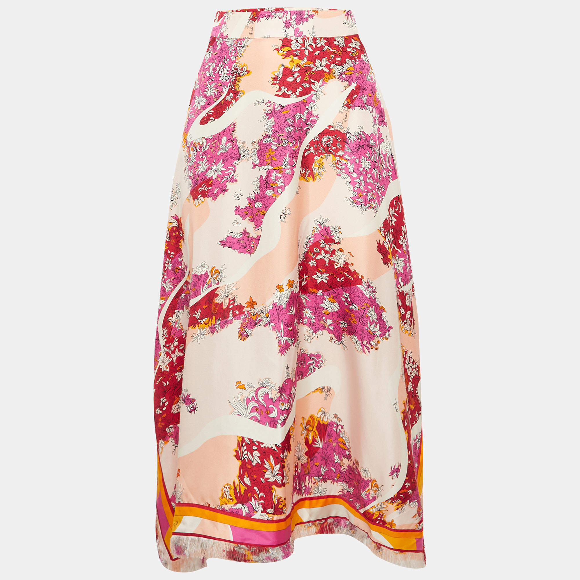 Emilio Pucci Multicolor Silk Asymmetric Fringed Midi Skirt S