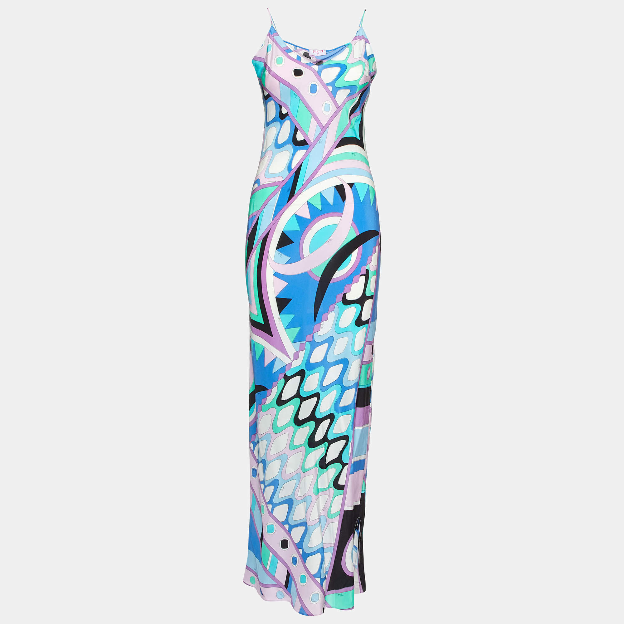Pucci Blue Vivara Print Silk Sleeveless Maxi Dress M Emilio