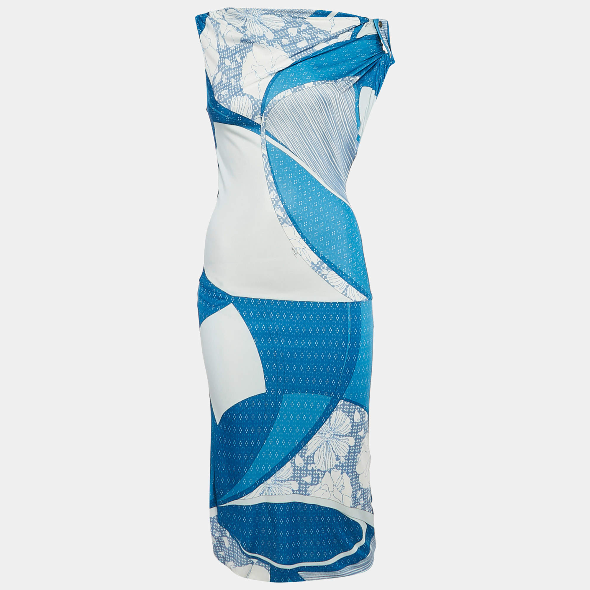 Pre Owned Emilio Pucci Blue Printed Jersey Midi Dress S