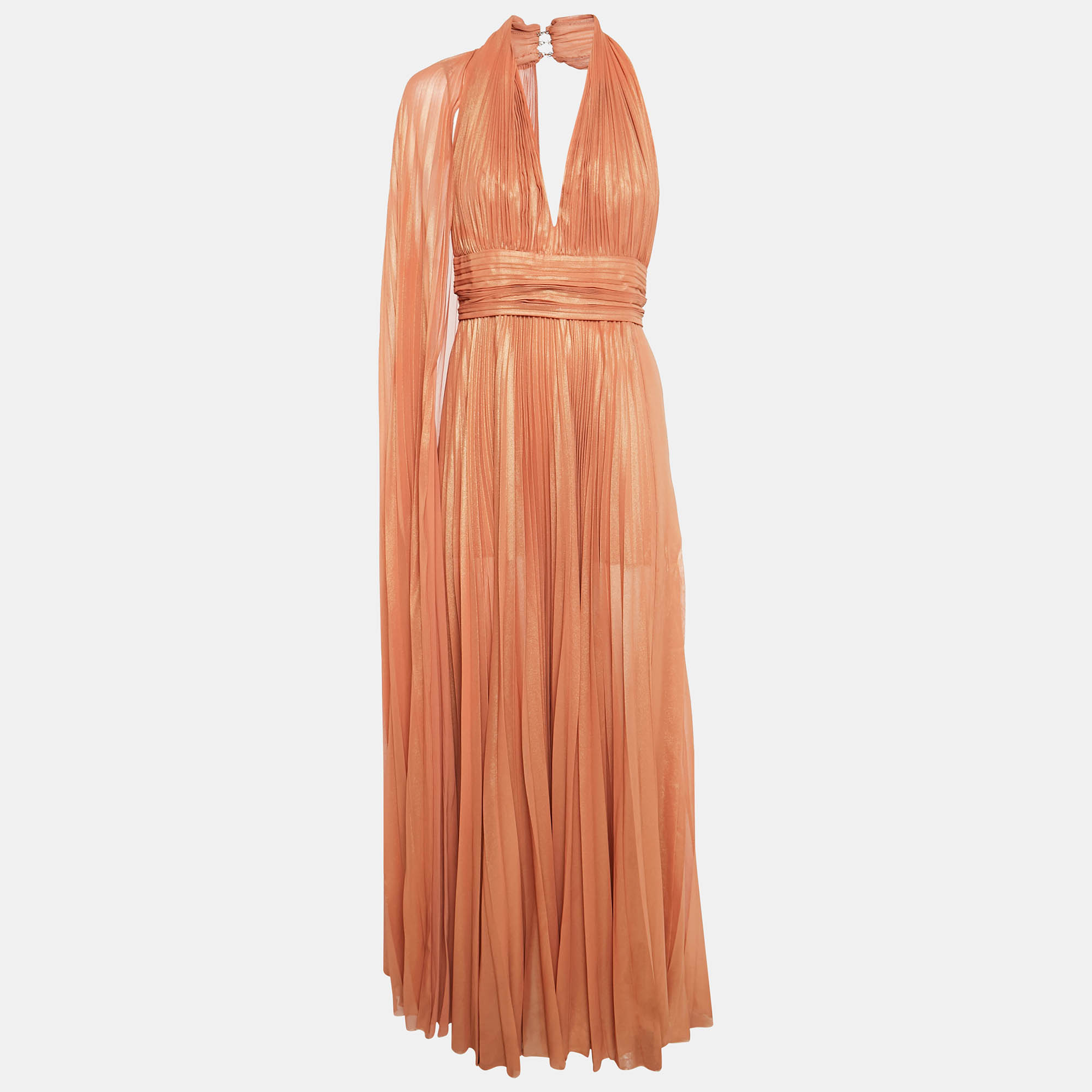 Pre Owned Emilio Pucci Metallic Orange Pleated Crepe V-Neck Gown S