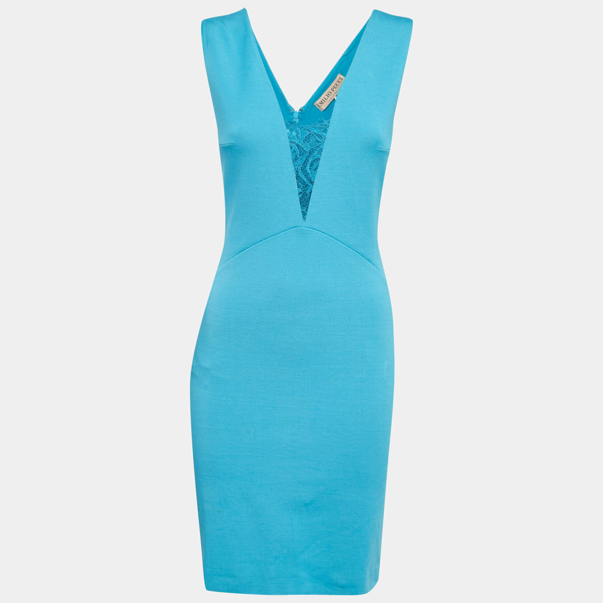 Pre Owned Emilio Pucci Blue Jersey V-Neck Lace Trimmed Mini Dress M