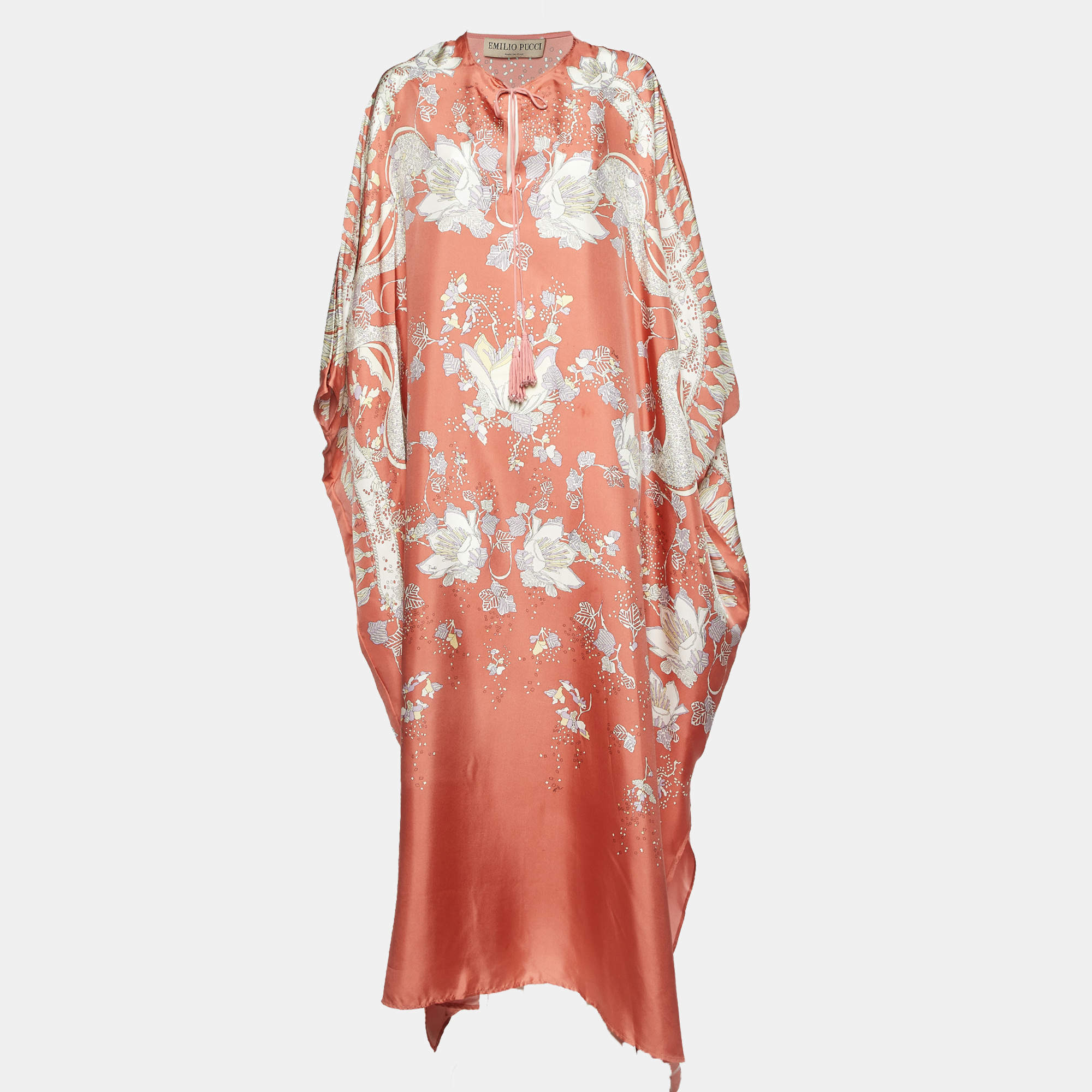 Pre Owned Emilio Pucci Peach/Pink Floral Print Silk Kaftan One Size