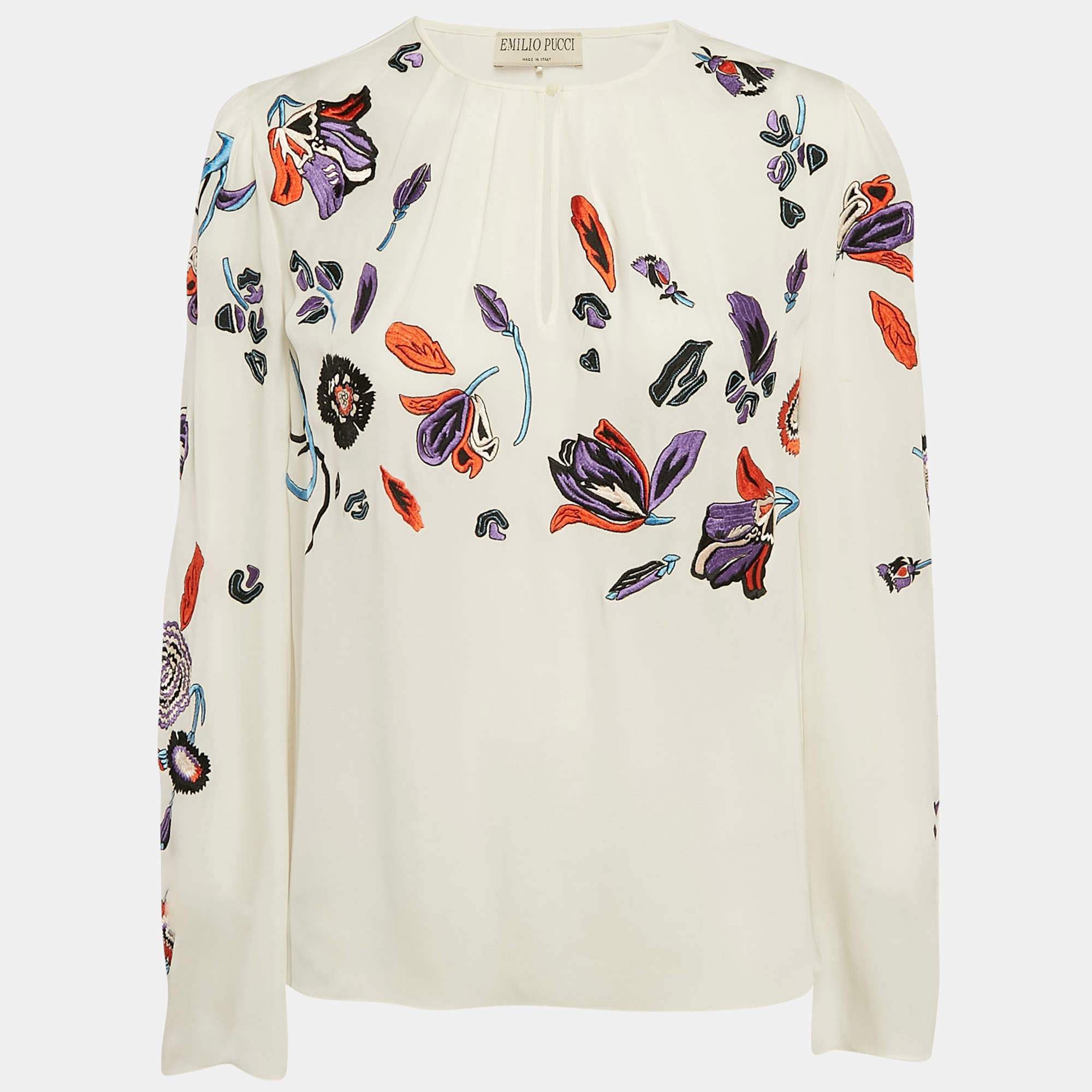 Pre Owned Emilio Pucci Floral Embroidered Silk Long Sleeve Blouse M