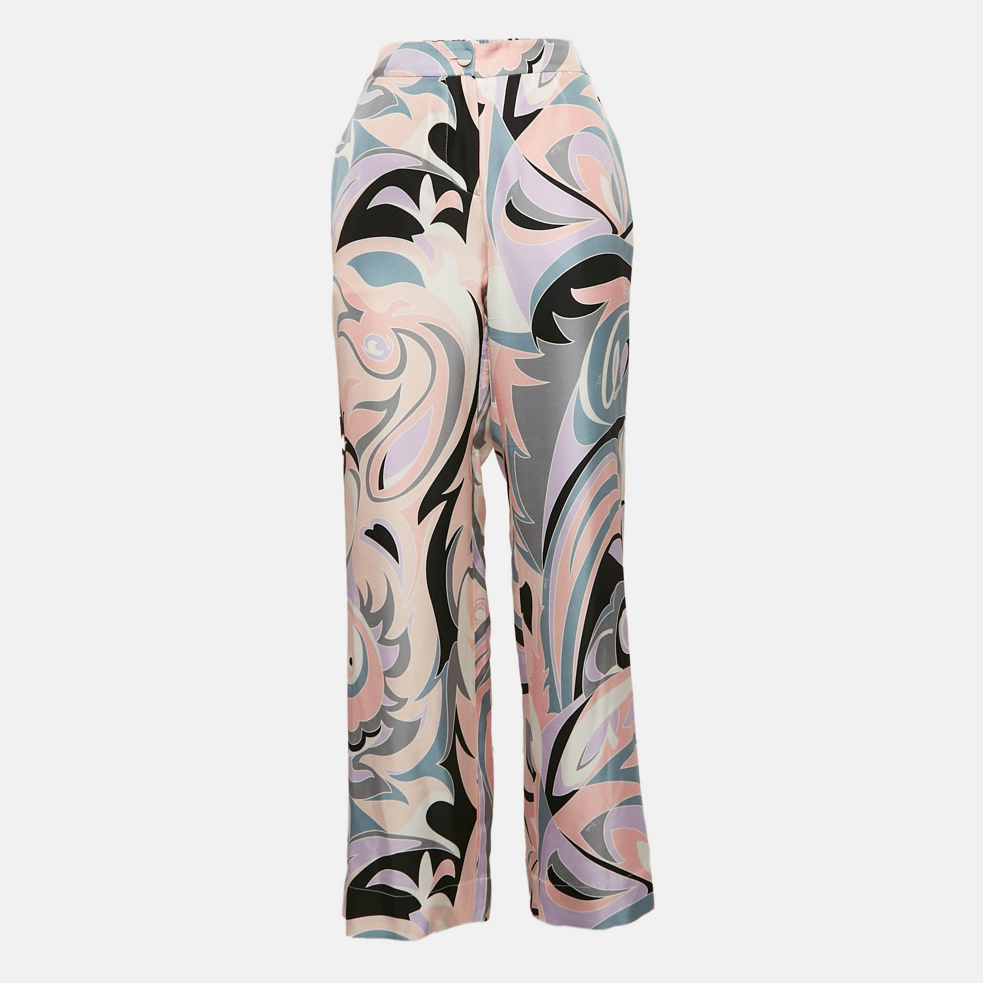 Pre Owned Emilio Pucci Pink Printed Silk Straight Leg Trousers XS