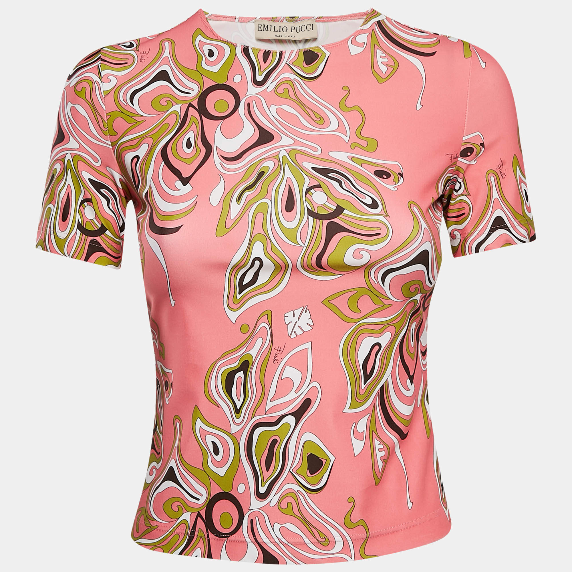 Pre Owned Emilio Pucci Pink Fluilio Print Jersey T-Shirt S