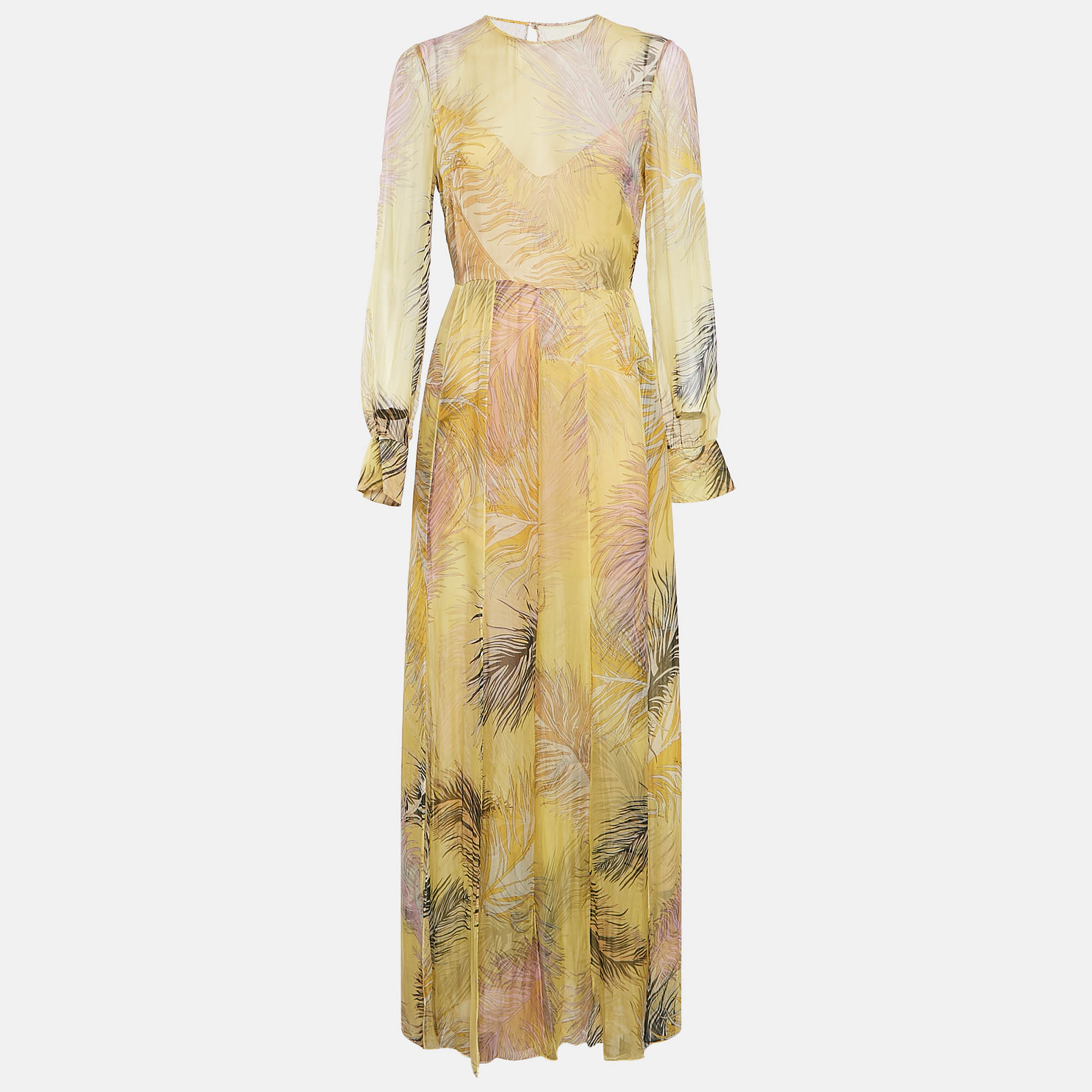 Emilio Pucci Yellow Feather Print Chiffon Slits Detail Maxi Dress M