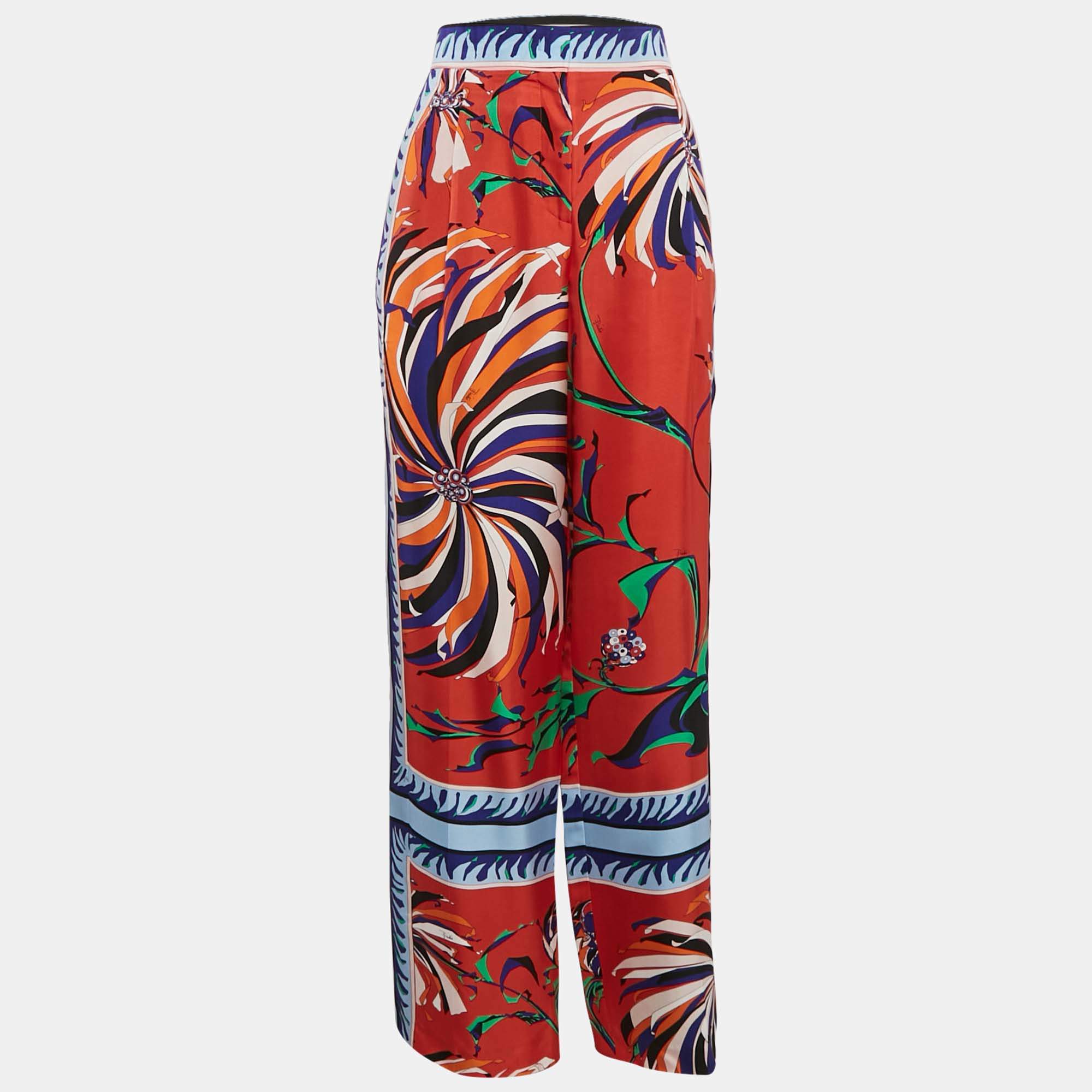 Pre Owned Emilio Pucci Multicolor Abstract Print Silk Straight Leg Trousers M