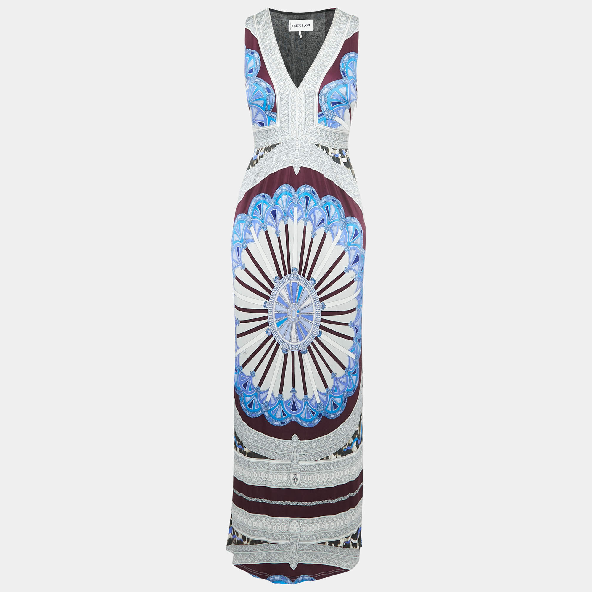 Pre Owned Emilio Pucci Multicolor Printed Jersey V-Neck Sleeveless Maxi Dress S