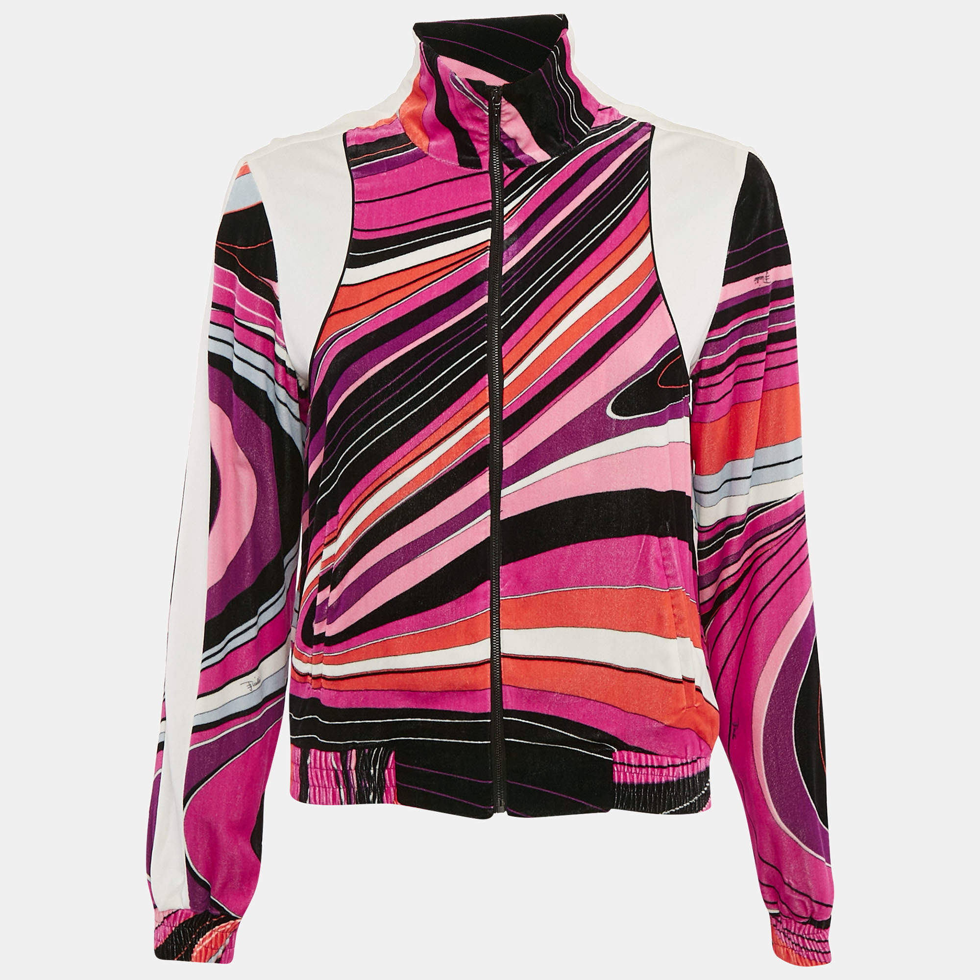 Pre Owned Emilio Pucci Pink/Multicolor Printed Velvet Zip-Up Bomber Jacket S