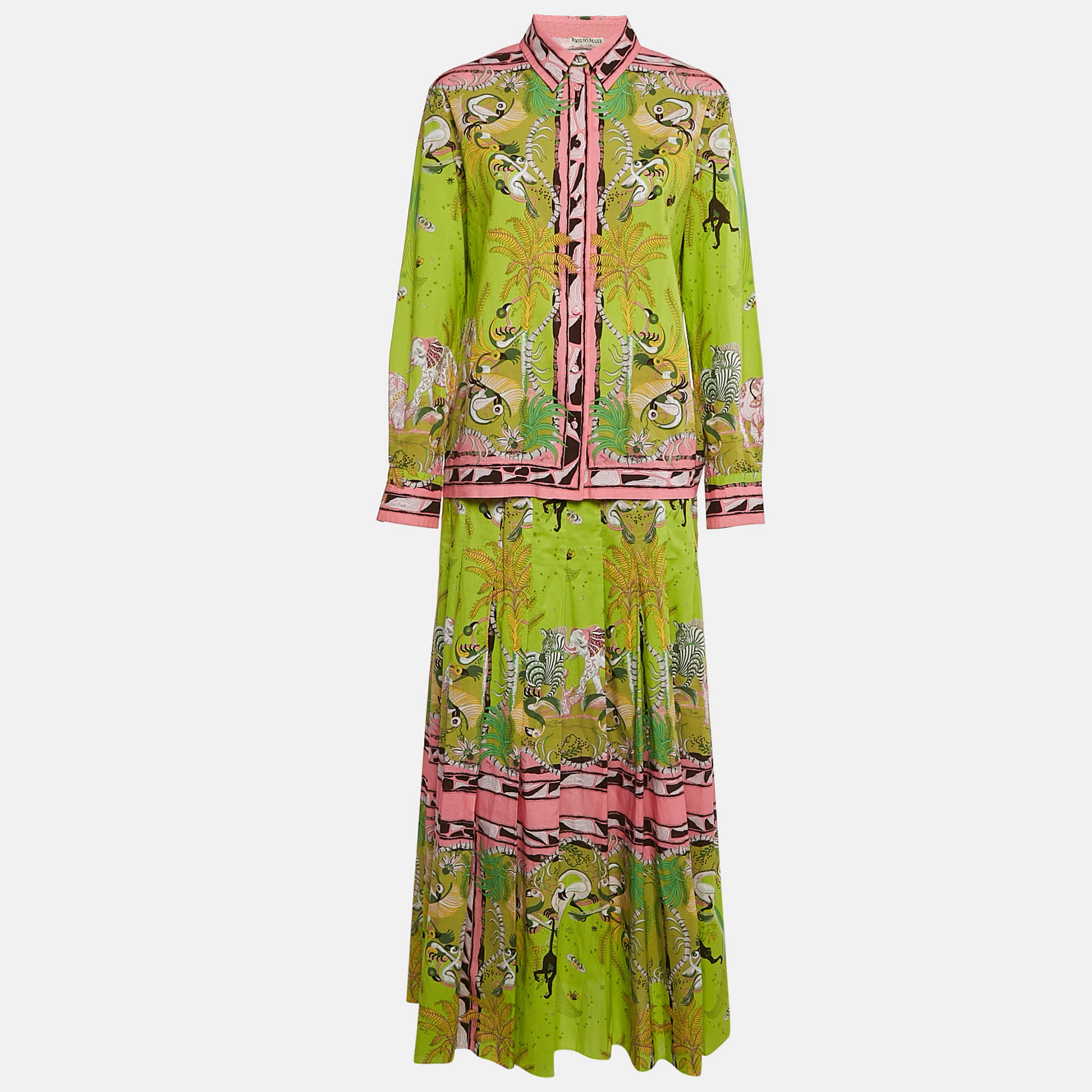 Emilio Pucci Green Nairobi-Print Cotton Shirt and Skirt Set M