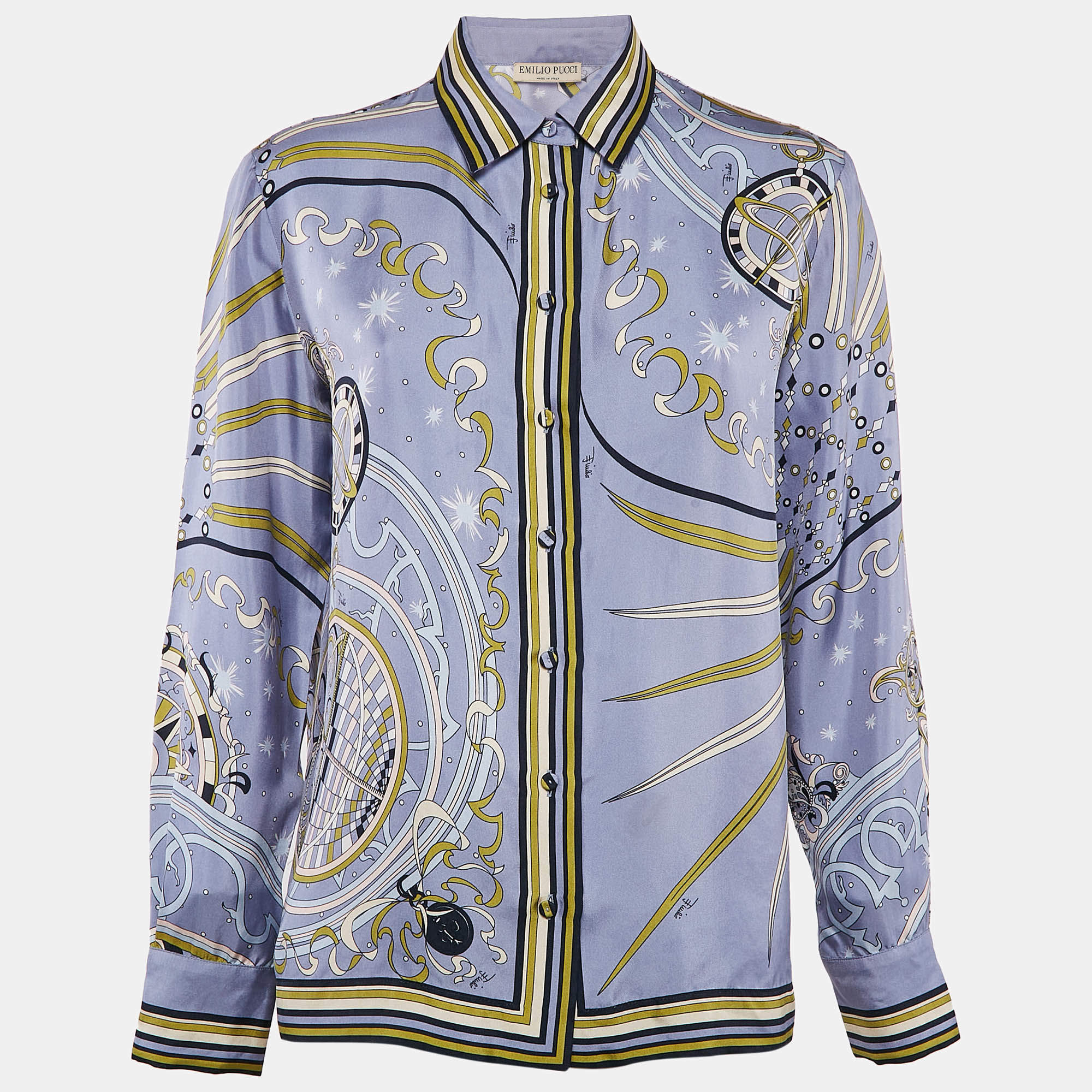 Pre Owned Emilio Pucci Blue Printed Silk Long Sleeve Shirt M