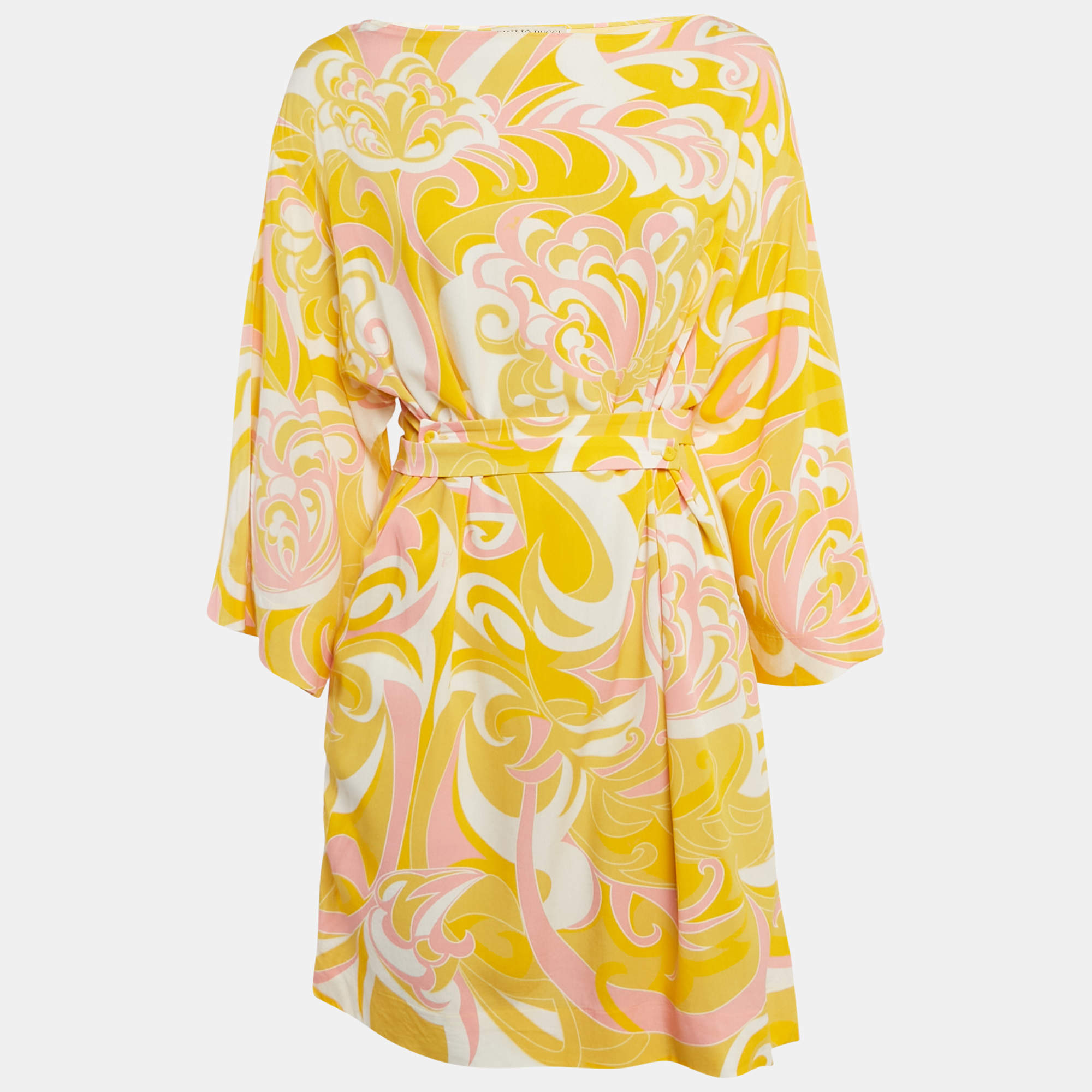 Pre Owned Emilio Pucci Yellow Printed Crepe Tie-Up Mini Dress S