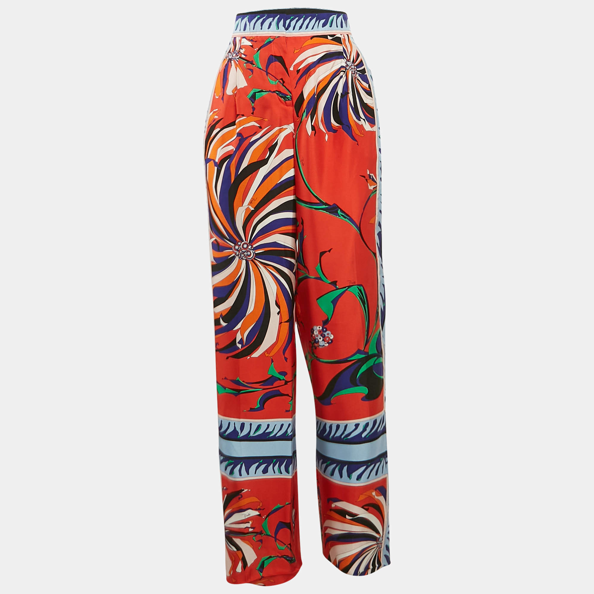 Emilio Pucci Blue/Red Printed Silk Wide Leg Trousers M