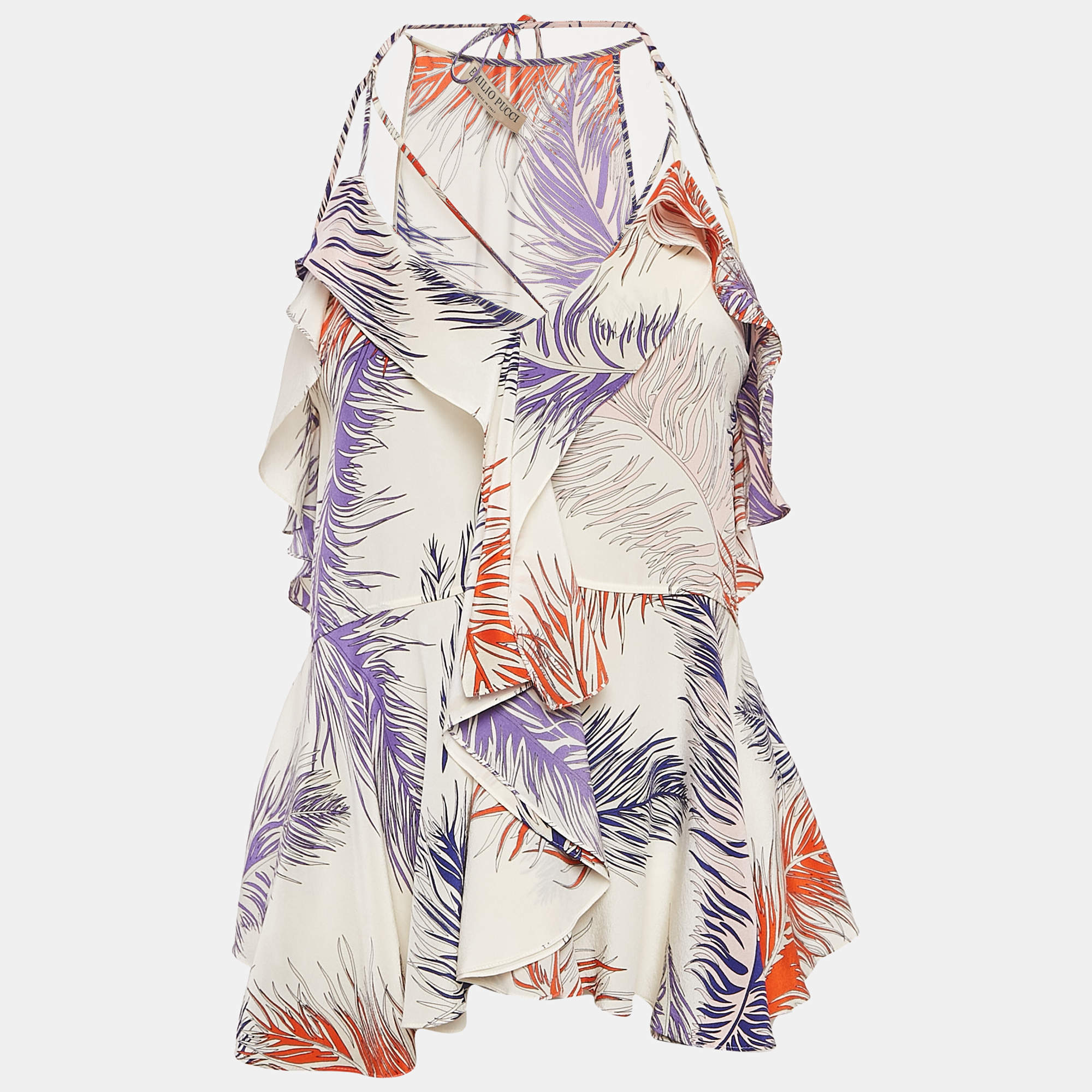 Emilio Pucci White  Printed Silk Ruffled Strappy Top S