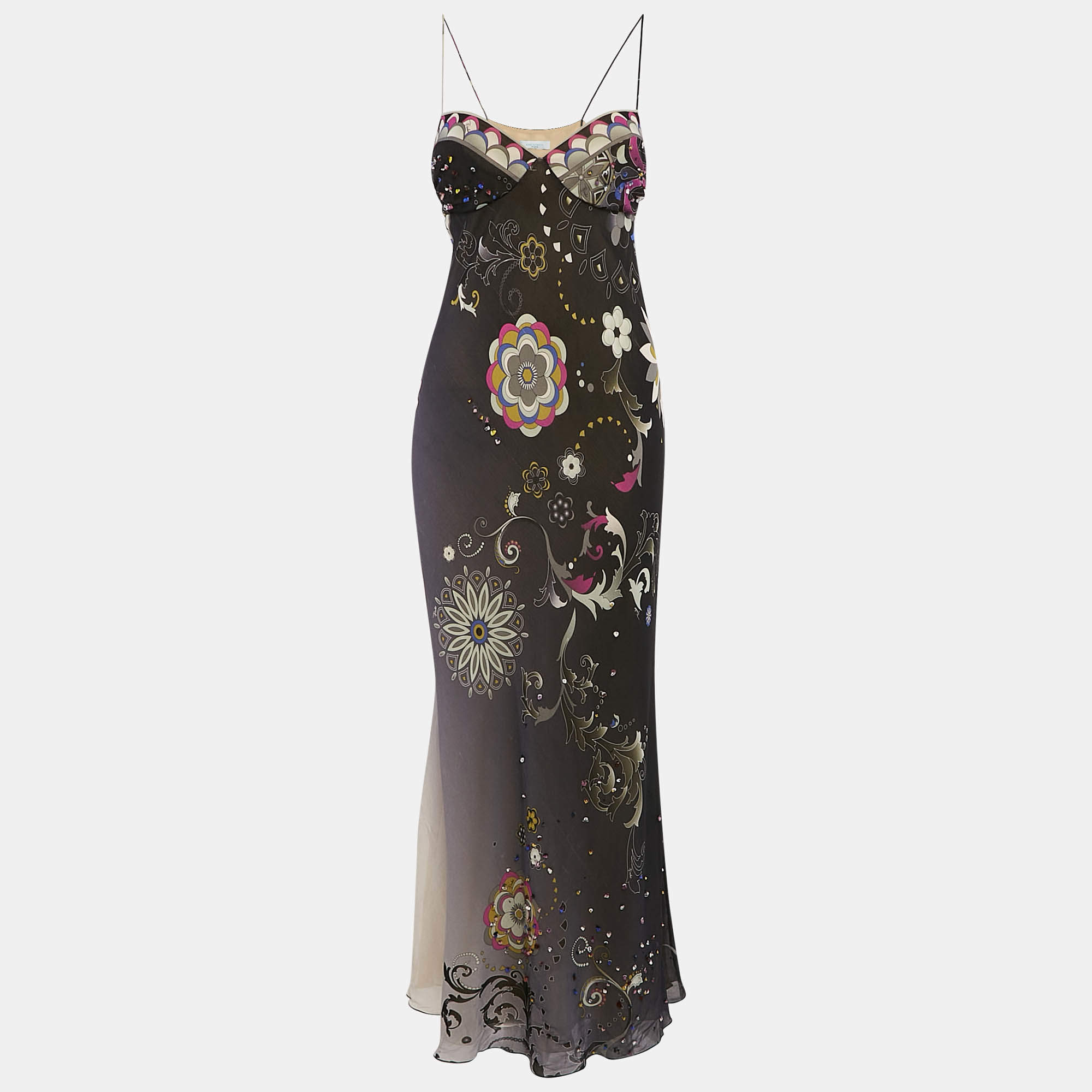 Pre Owned Emilio Pucci Black Sequin Embellished Silk Slip Dress M