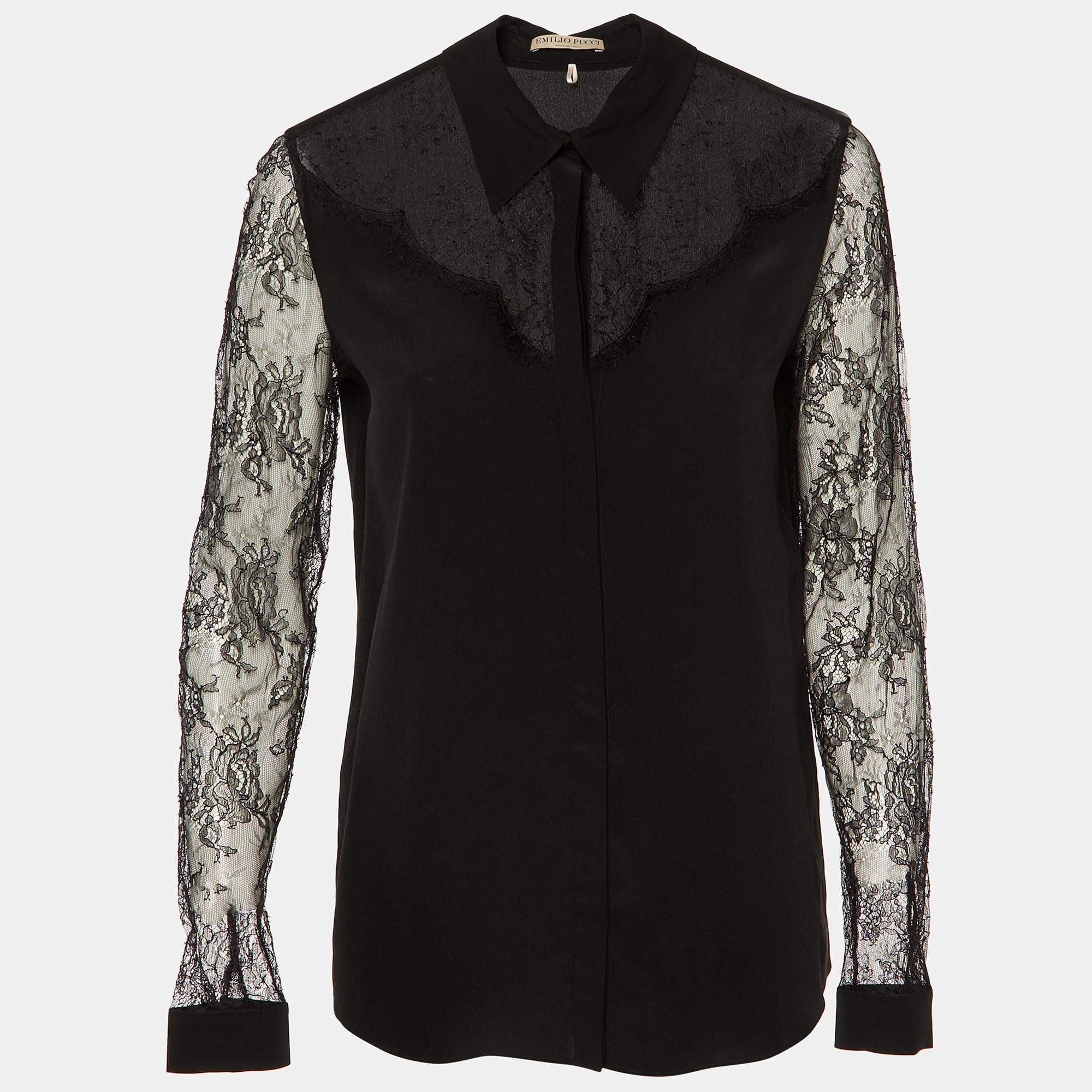 Emilio Pucci Black Silk Lace Trim Button Front Shirt M