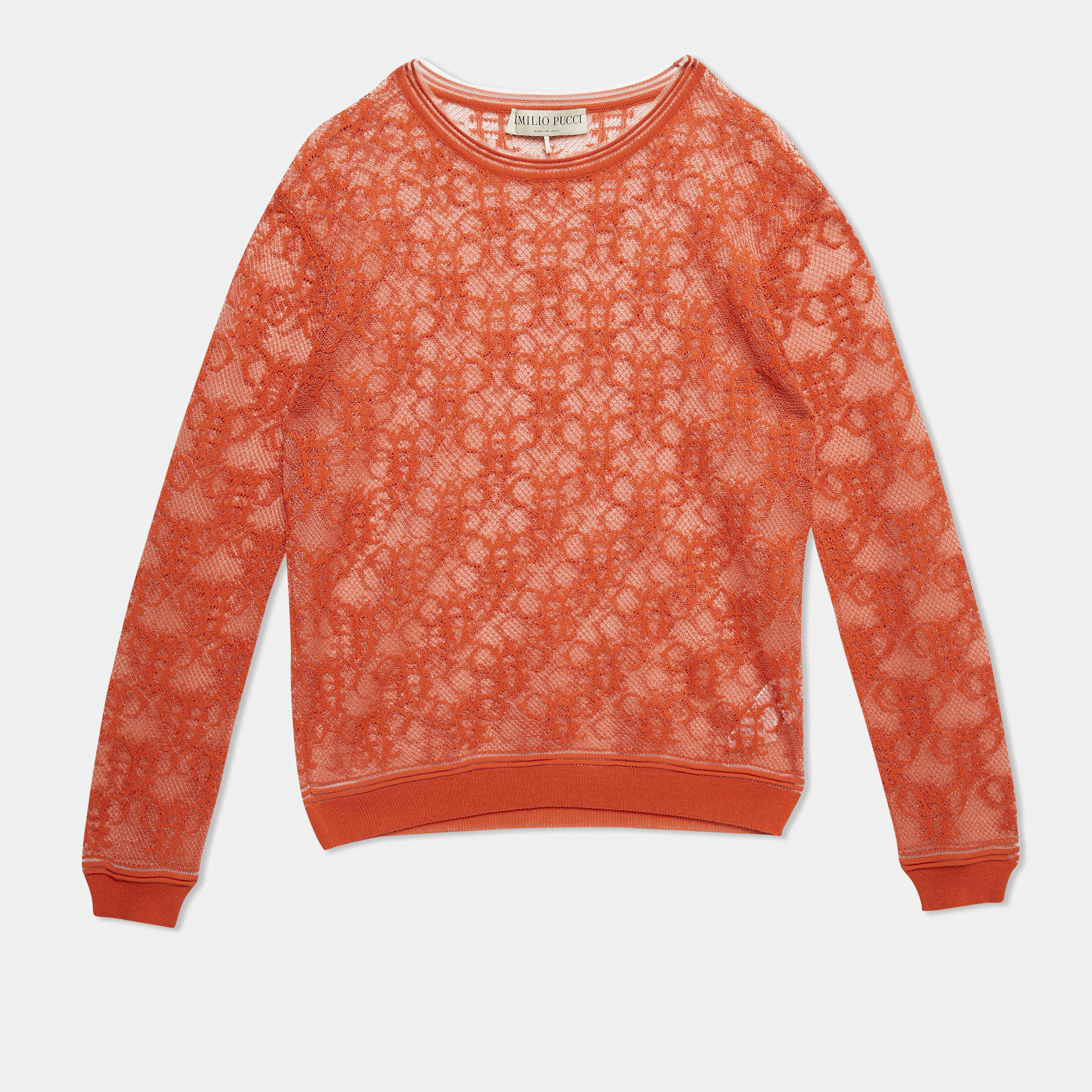 Emilio Pucci Orange Monogram Patterned Sheer Knit Long Sleeve Top M