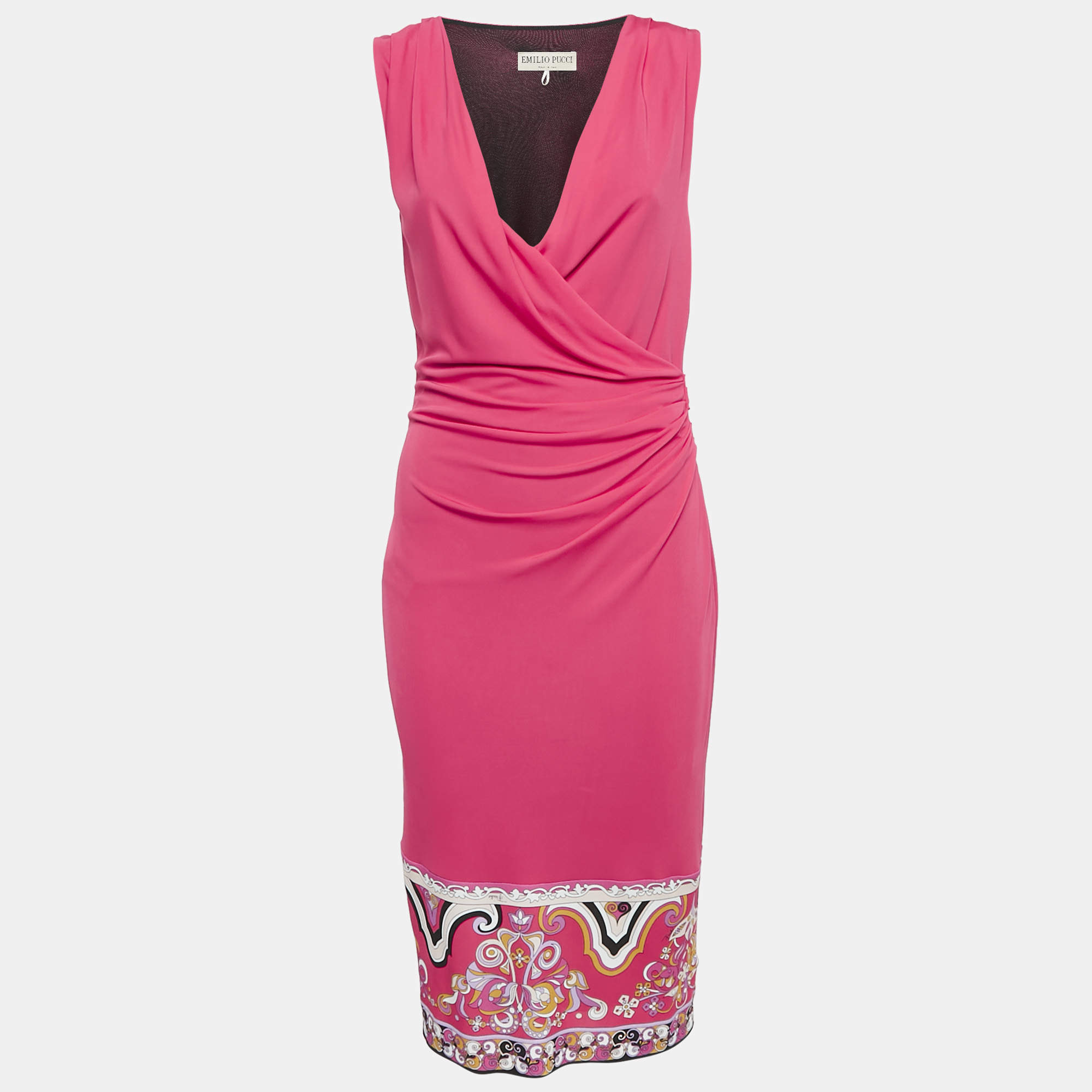 Emilio Pucci Pink Hem Print Jersey Sleeveless Midi Dress M