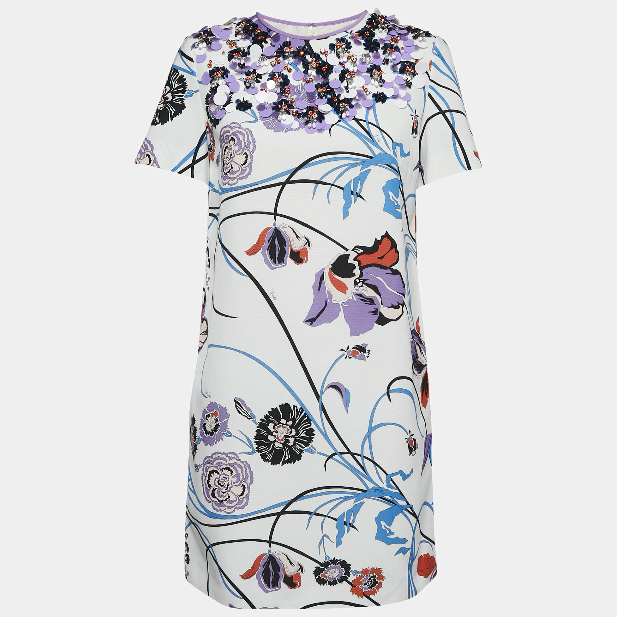  Emilio Pucci White Floral Cotton Blend Embellished Mini Dress M 