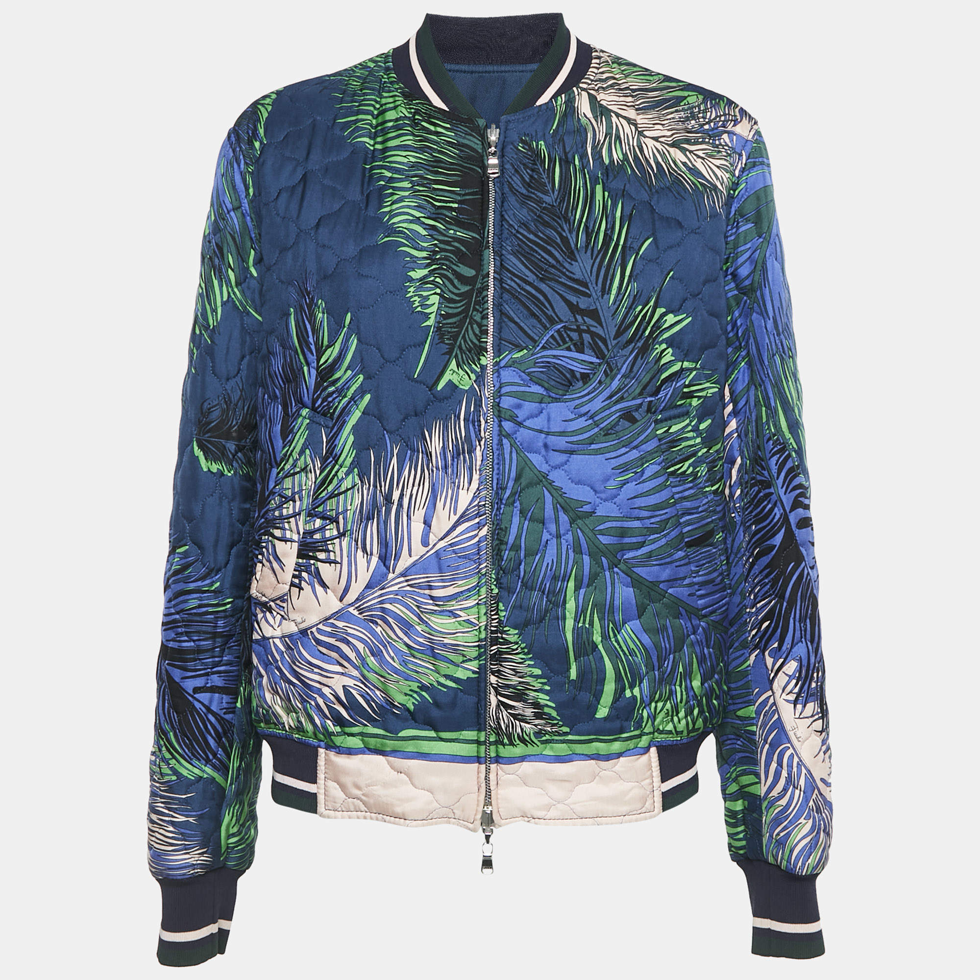 Emilio Pucci Multicolor/Navy Blue Printed Silk Zip-Up Reversible Bomber Jacket L
