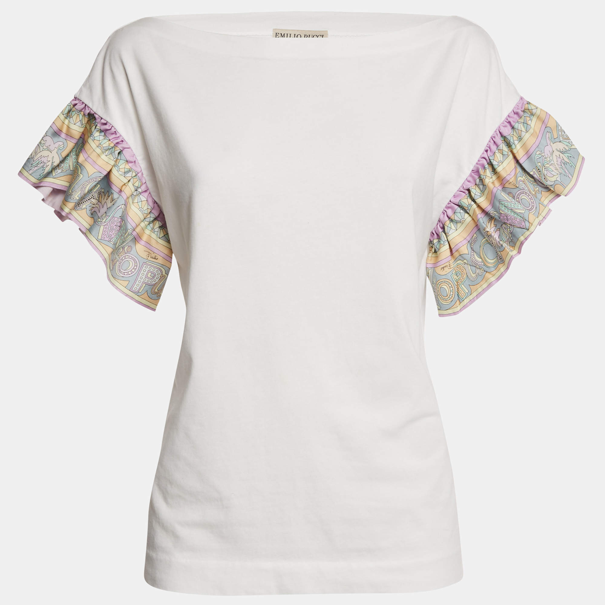 Pre Owned Emilio Pucci White Jersey Printed Silk Ruffled Sleeve T-Shirt M