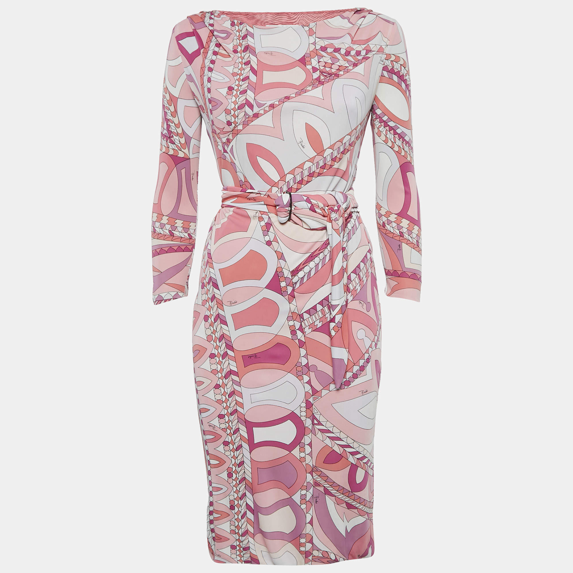 Pre Owned Emilio Pucci Pink Printed Jersey Long Sleeve Short Dress S