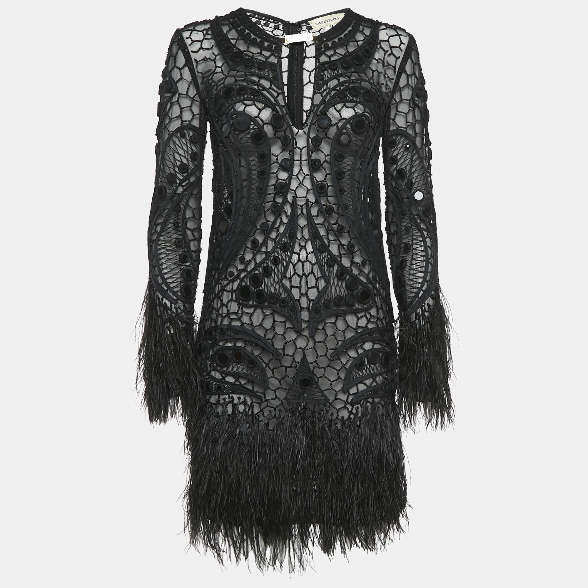 Emilio Pucci Black Embellished Mesh Feather Detail Mini Dress L