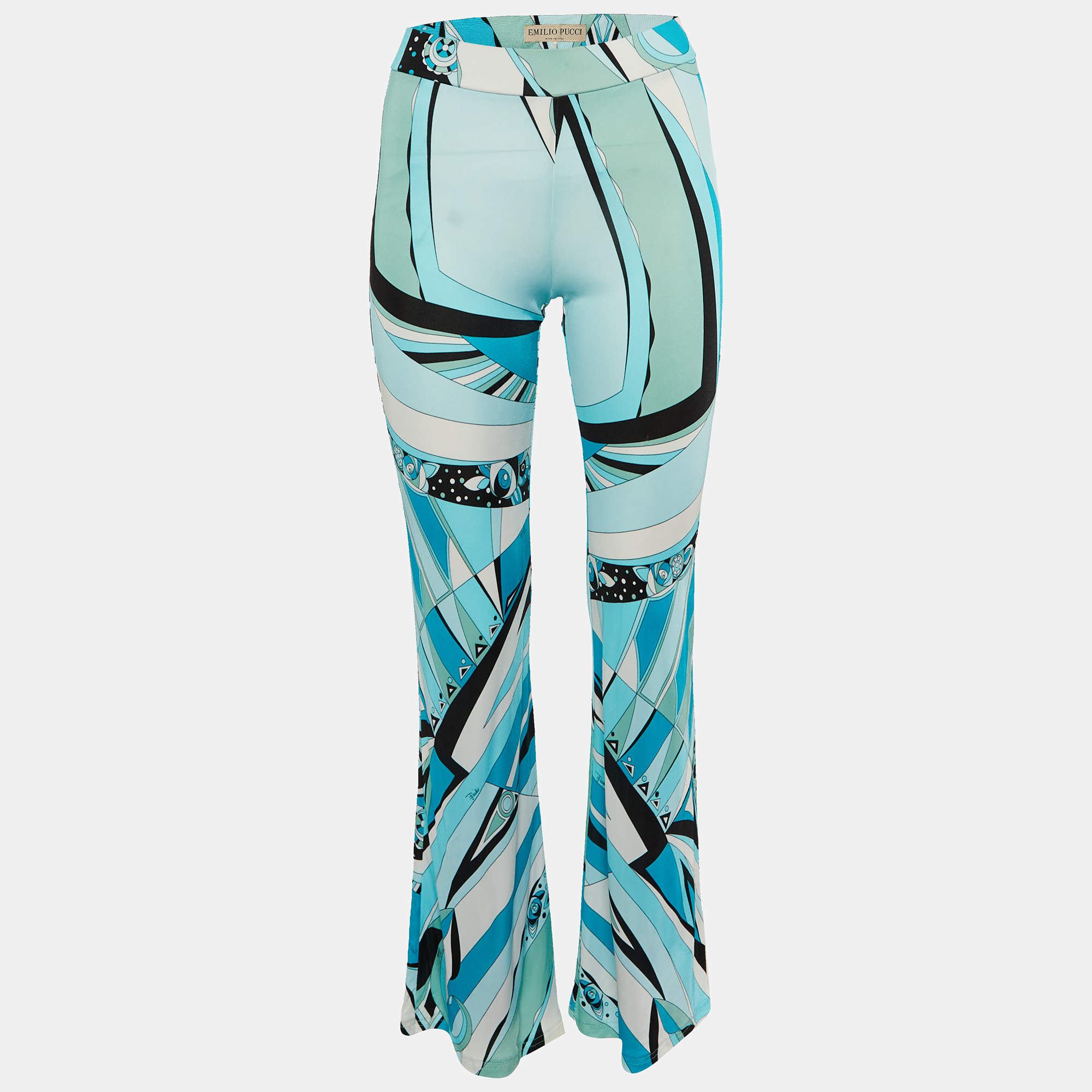 Pre Owned Emilio Pucci Blue Printed Jersey Flared Leg Trousers M