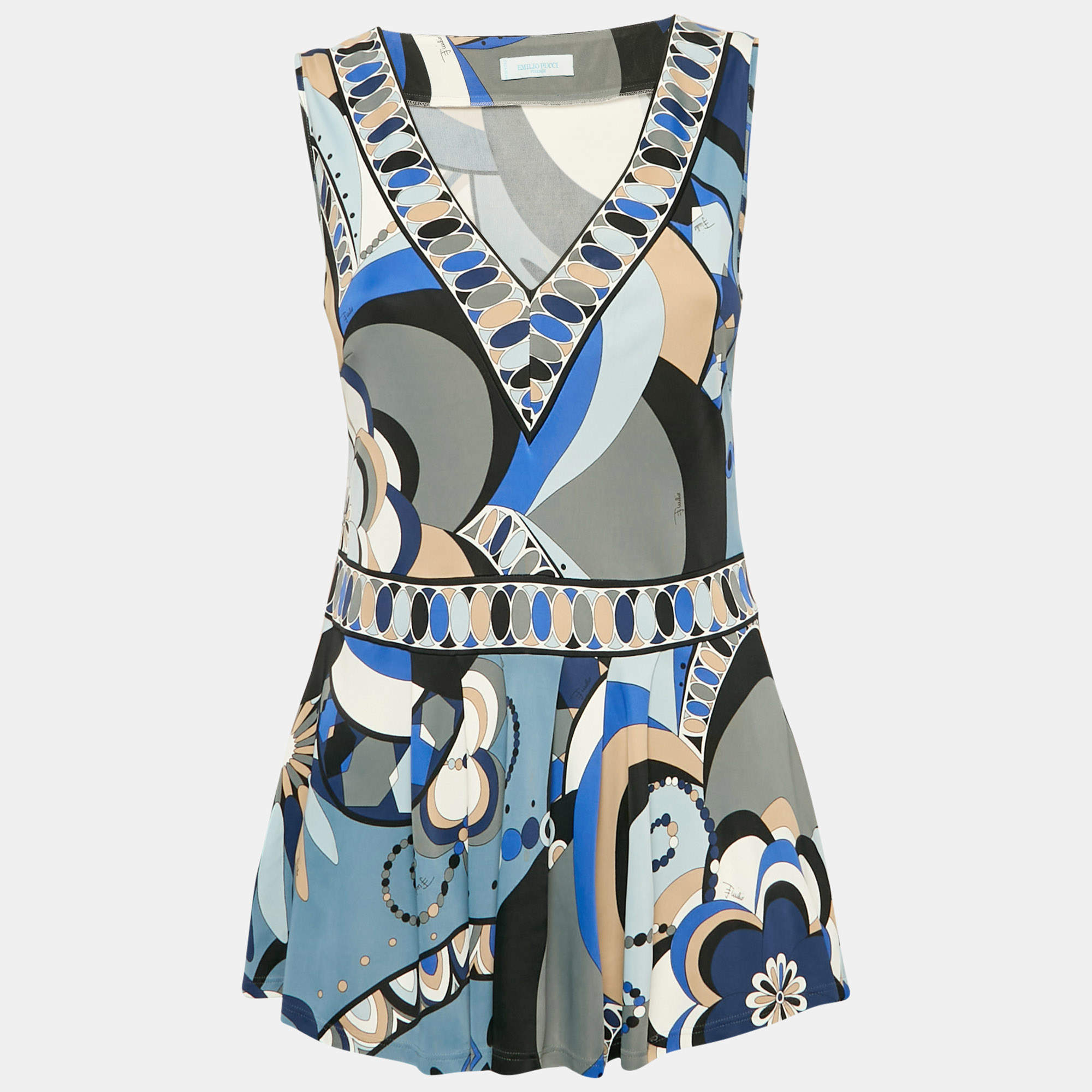 Emilio Pucci Blue/Multicolor Printed Jersey Sleeveless Top M