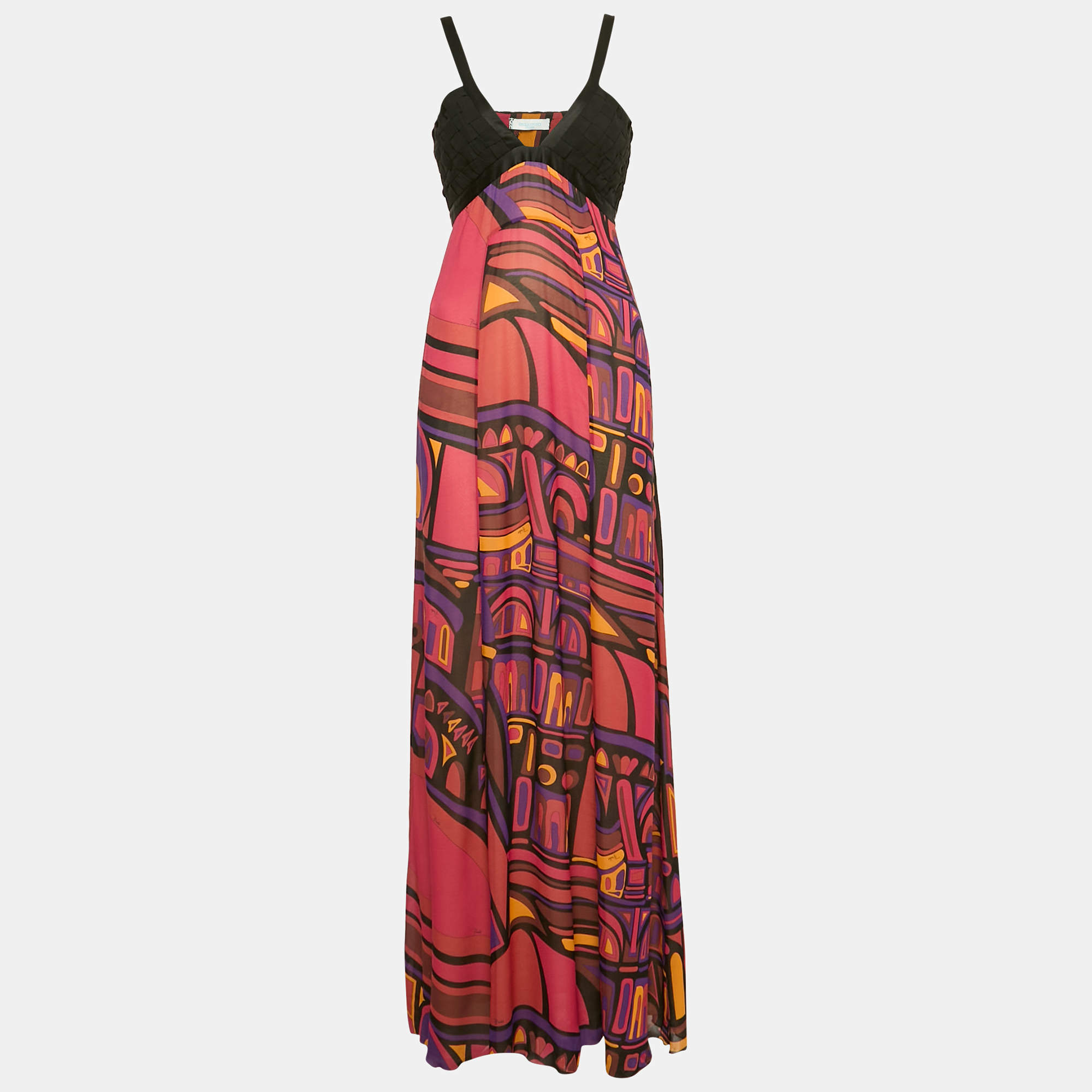 Pre Owned Emilio Pucci Multicolour Printed Silk Braided Detail Maxi Dress S