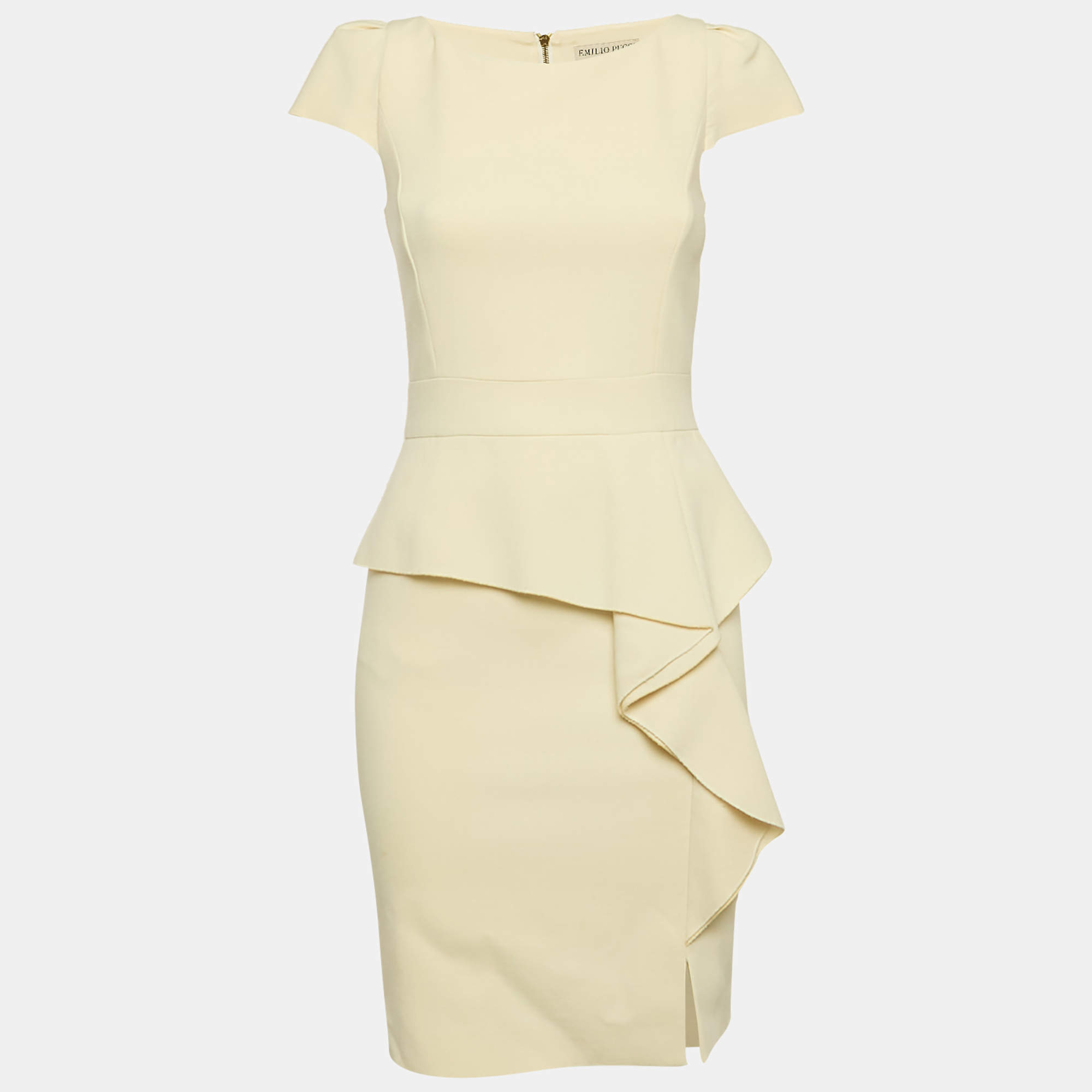 Emilio Pucci Cream Wool Ruffled Cap Sleeve Mini Dress S