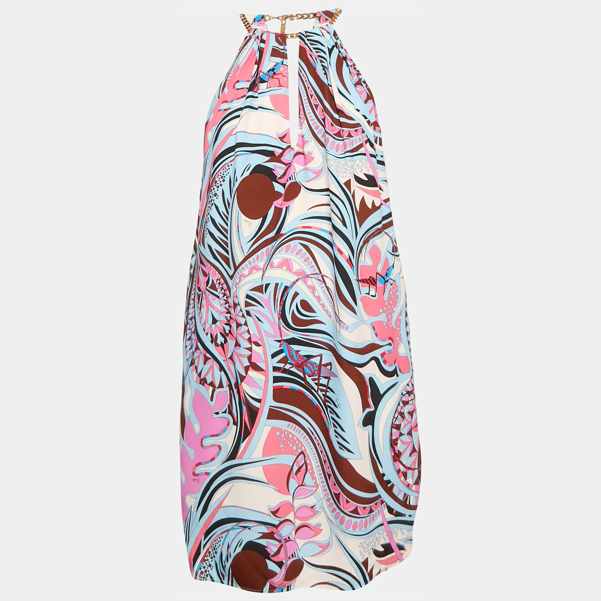 مملوكة مسبقًا  Emilio Pucci Pink/Blue Fluilio Print Crepe Chain Strap Mini Dress M 