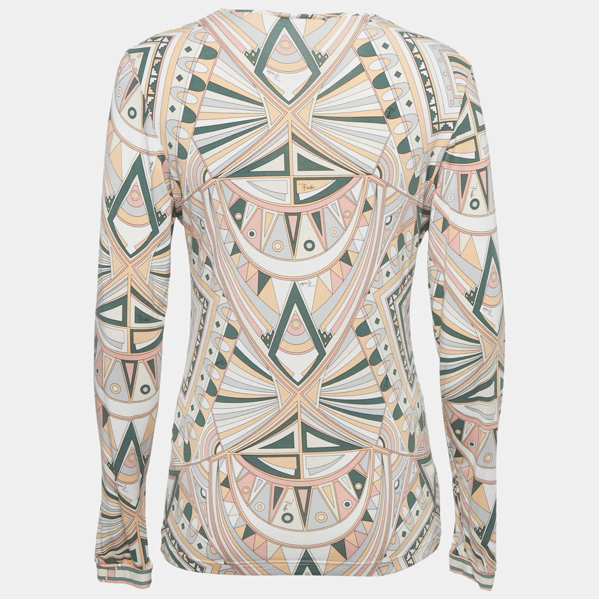 Pre Owned Emilio Pucci Multicolor Printed Jersey V-Neck Long Sleeve Top M