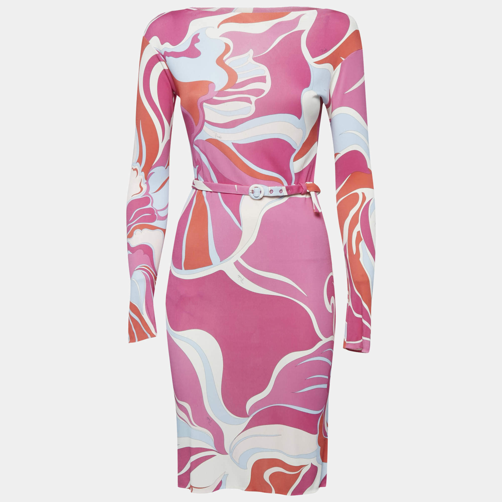 Emilio Pucci Pink Printed Jersey Belted Bodycon Dress S