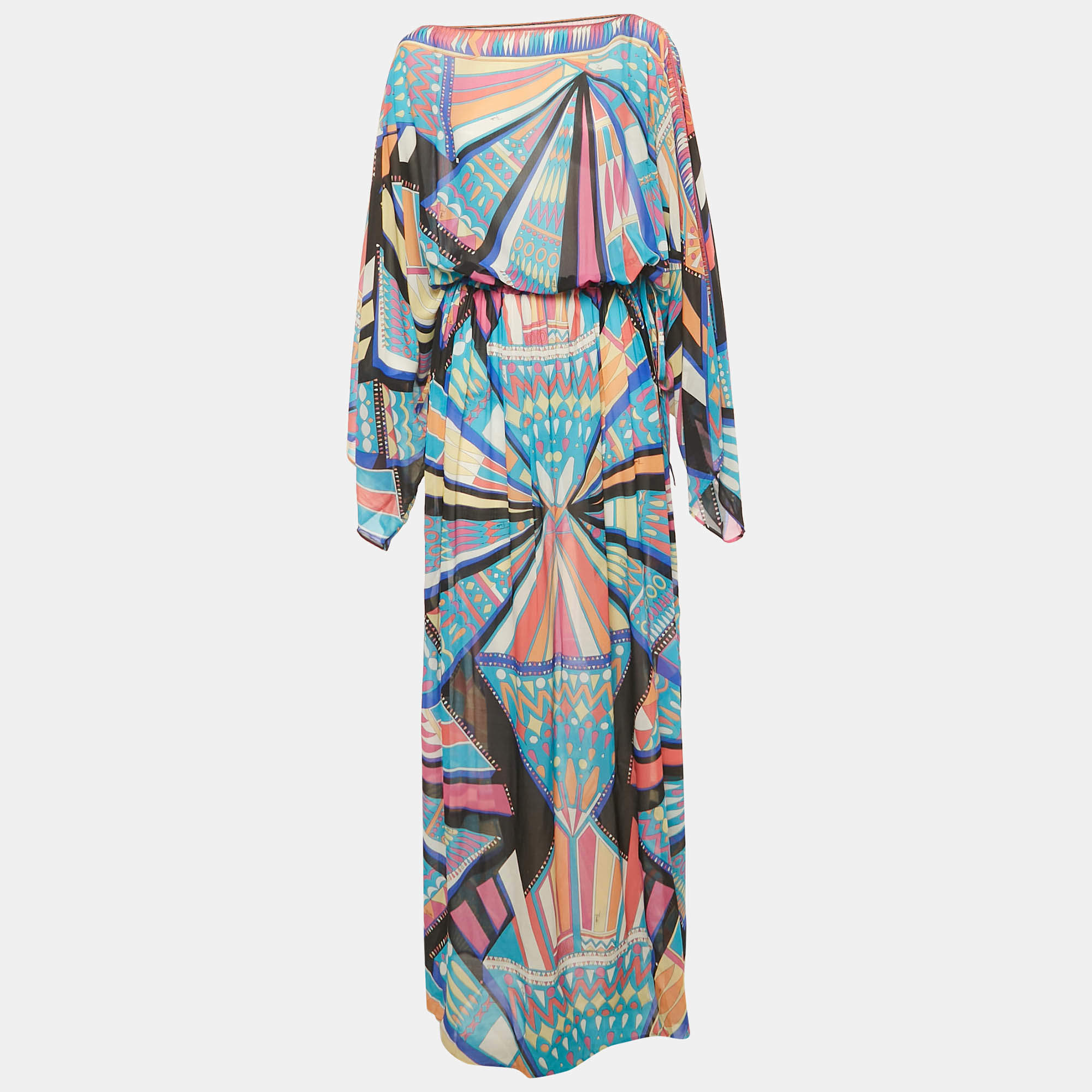 Pre Owned Emilio Pucci Multicolor Printed Chiffon Elasticized Waist Maxi Dress S