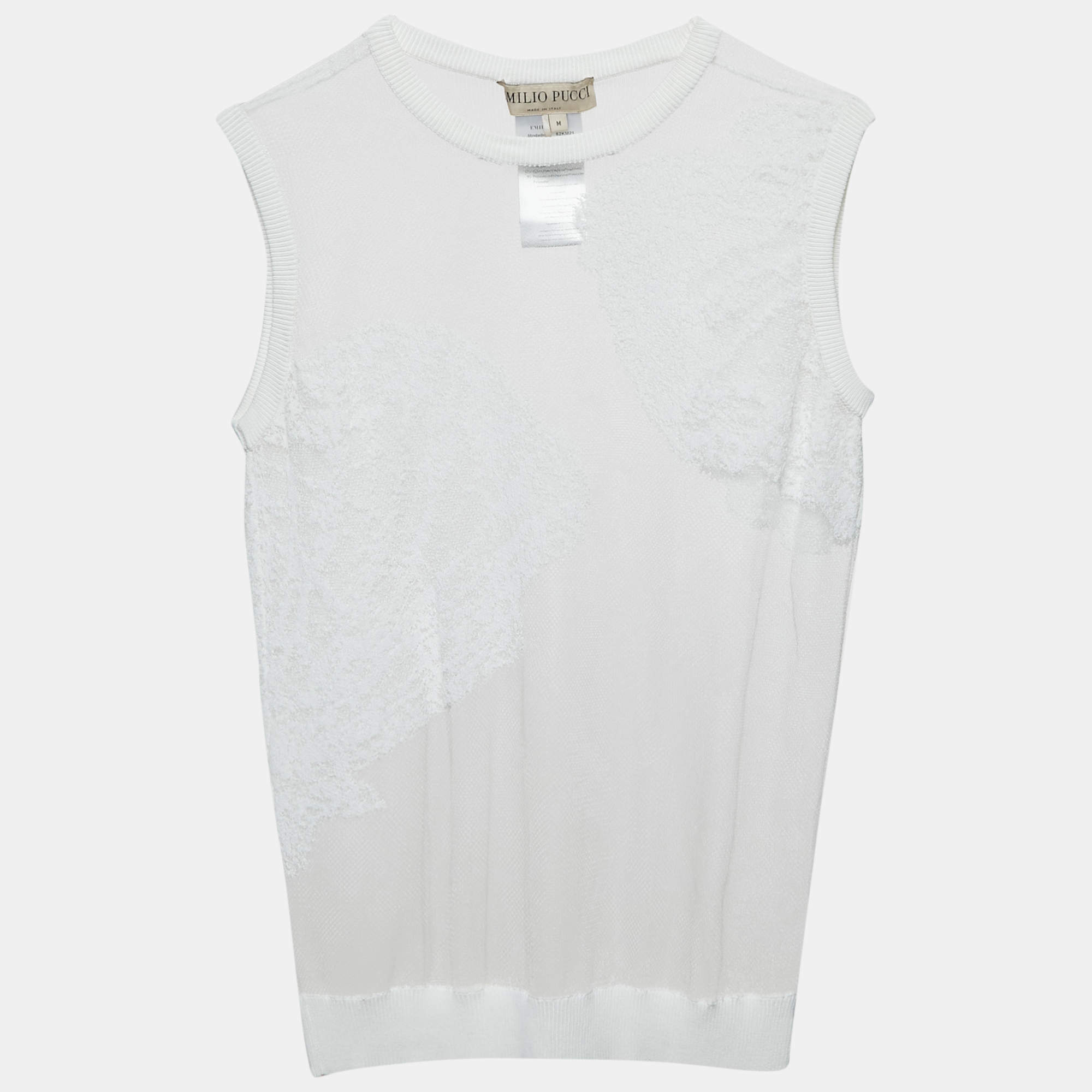 Pre Owned Emilio Pucci White Embroidered Mesh Sleeveless Top M