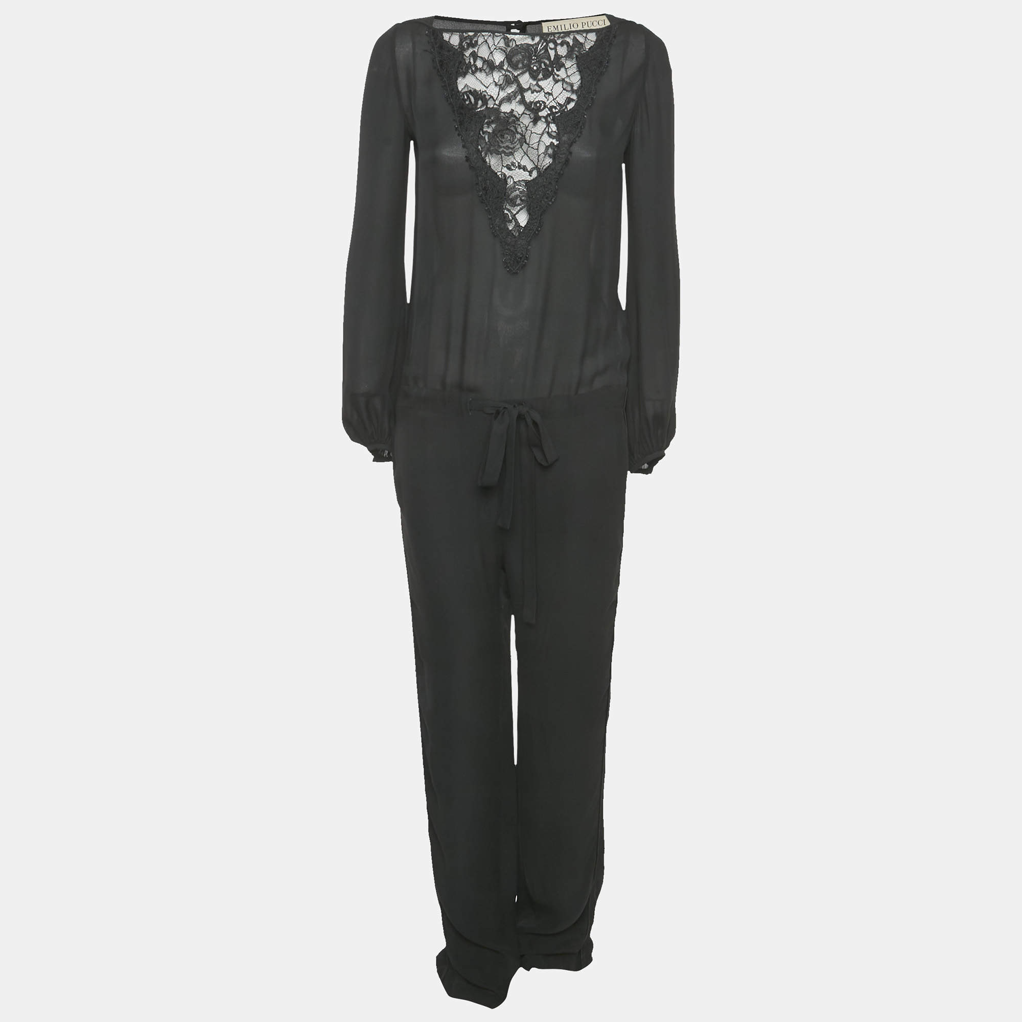Pre Owned Emilio Pucci Black Lace Trim Silk Jumpsuit S
