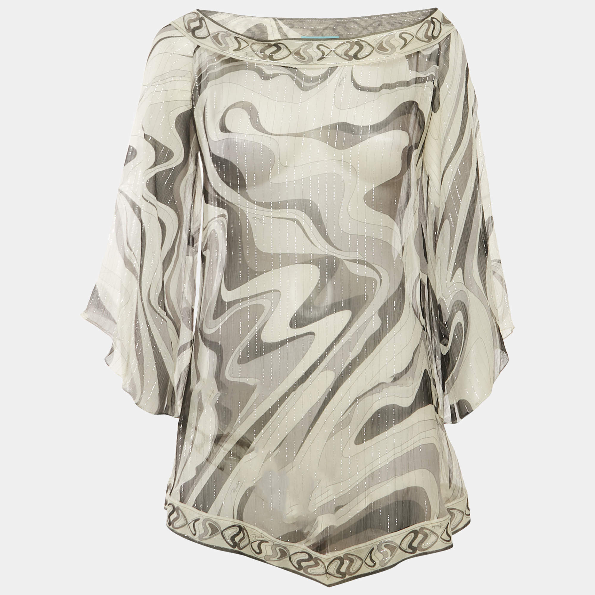 Emilio Pucci White/ Black Print Silk lurex Tunic Top S
