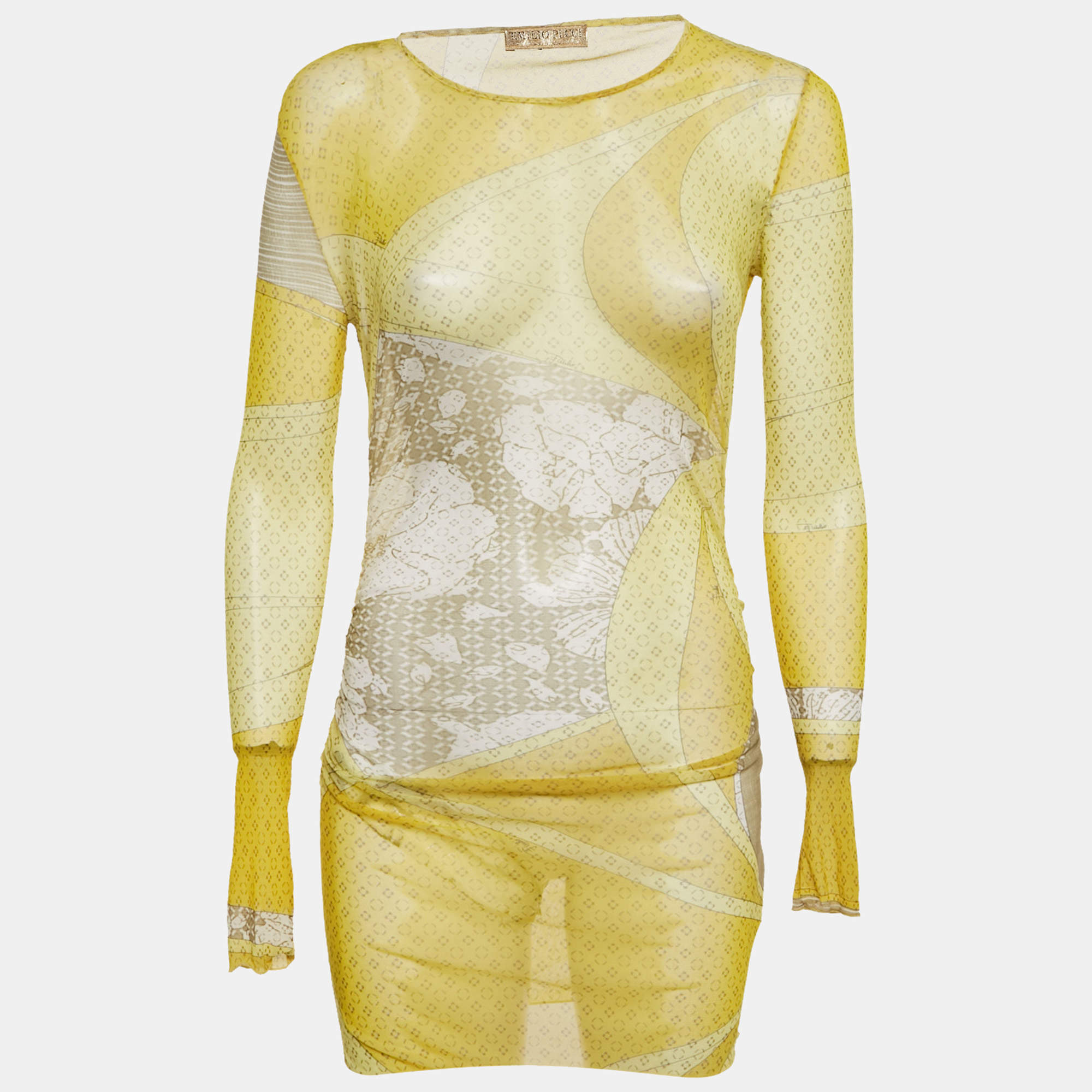 Pre Owned Emilio Pucci Yellow Printed Mesh Knit Long Sleeve Top S