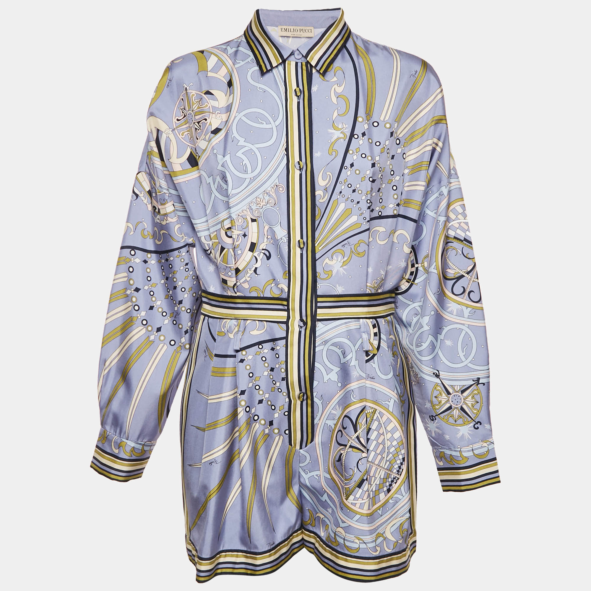 Pre Owned Emilio Pucci Blue Printed Satin Silk Playsuit M