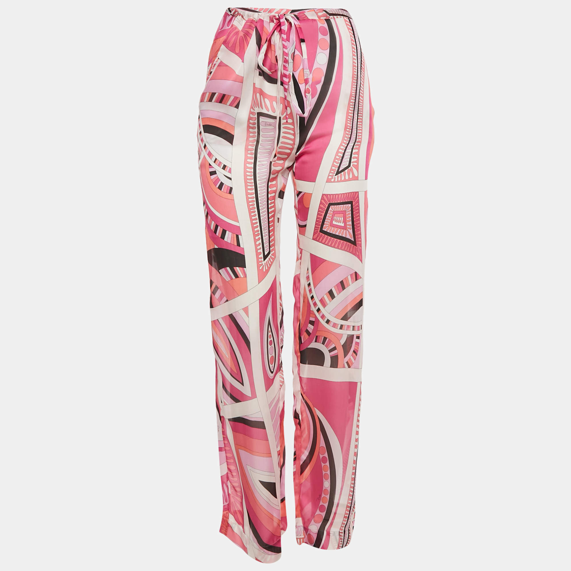 مملوكة مسبقًا Emilio Pucci Pink Printed Silk Semi Sheer Pants S