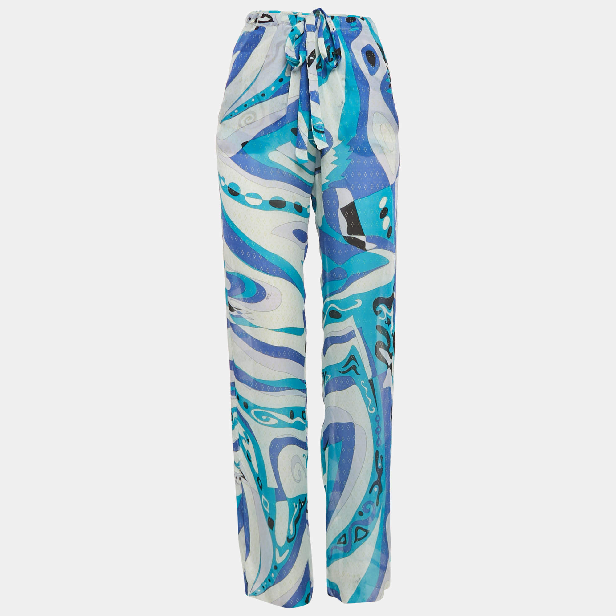 Pre Owned Emilio Pucci Blue Printed Silk Semi Sheer Trousers M