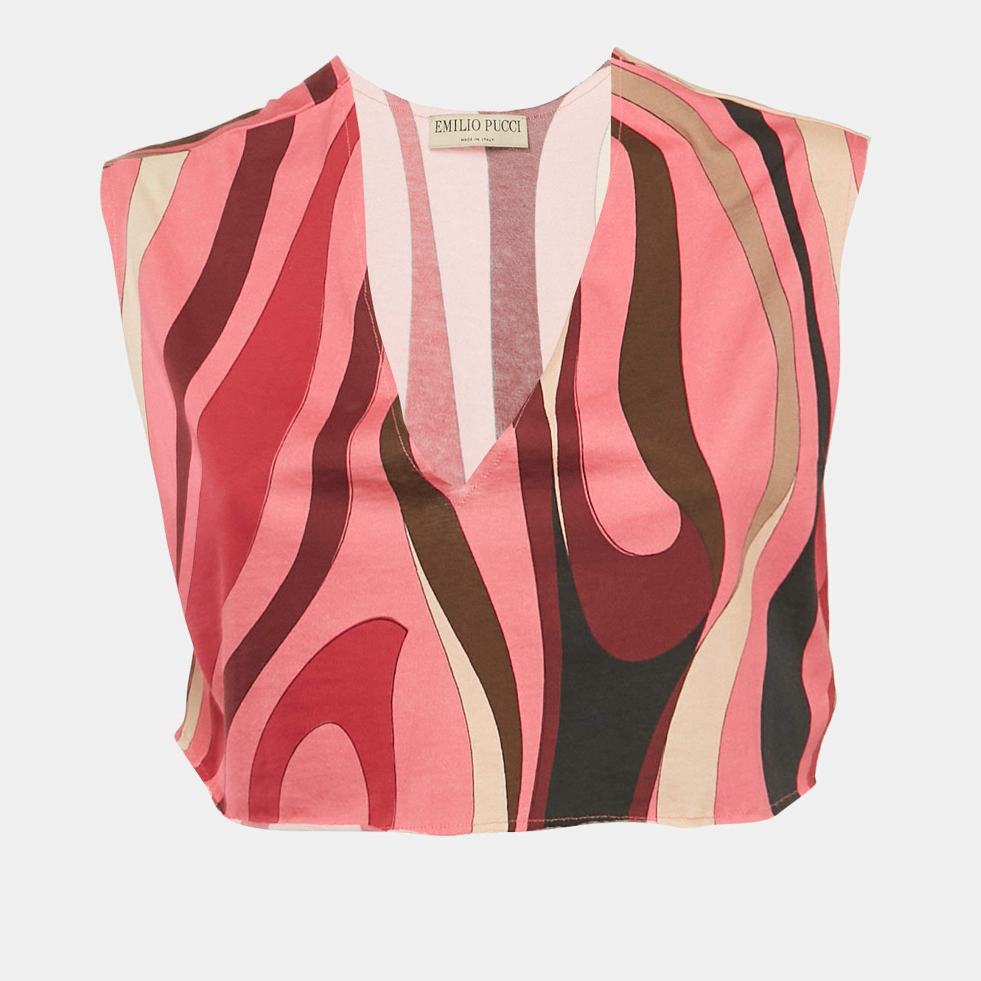 Pre Owned Emilio Pucci Pink Printed Jersey V-Neck Crop Top M